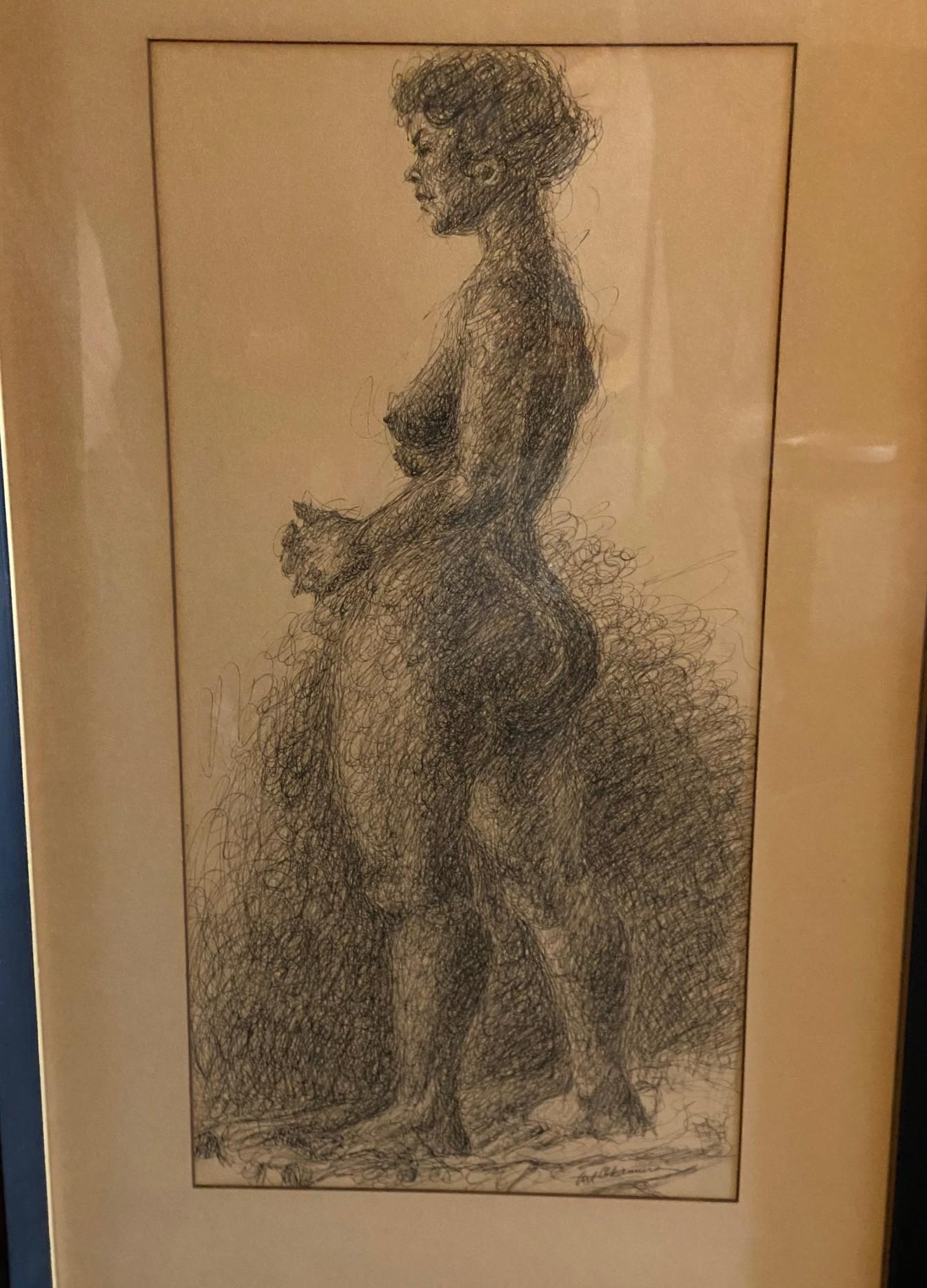 Arthur Okamura Signed Original Ink on Paper Drawing Nude Portrait of Woman For Sale 10
