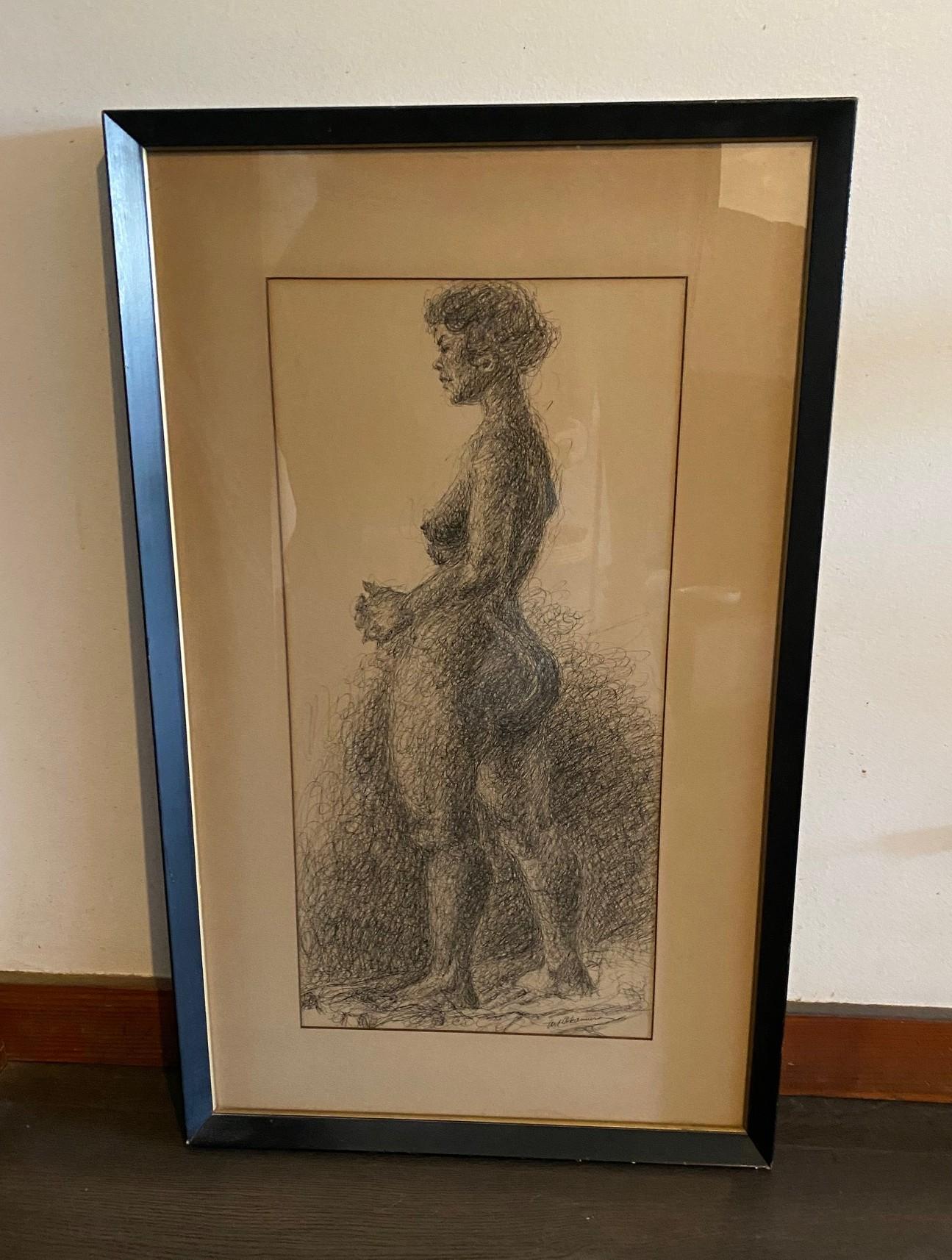 A quite beautiful and alluring original ink of paper drawing of a strong standing woman/female nude by Japanese American (Nisei) San Francisco Bay Area artist Arthur (Art) Okumura (1932-2009) who was associated with the San Francisco Renaissance Art
