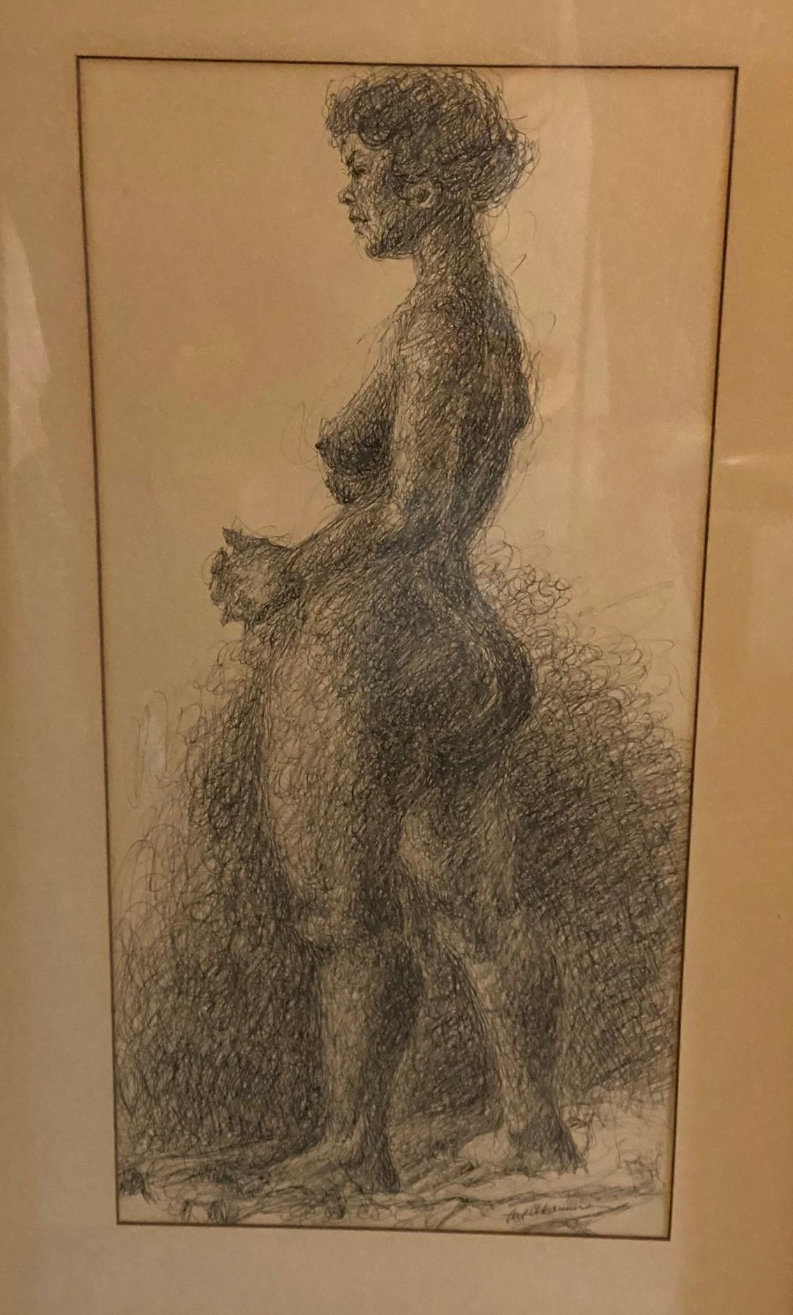 Mid-Century Modern Arthur Okamura Signed Original Ink on Paper Drawing Nude Portrait of Woman For Sale