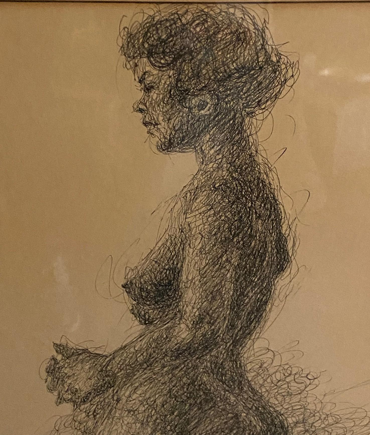 American Arthur Okamura Signed Original Ink on Paper Drawing Nude Portrait of Woman For Sale