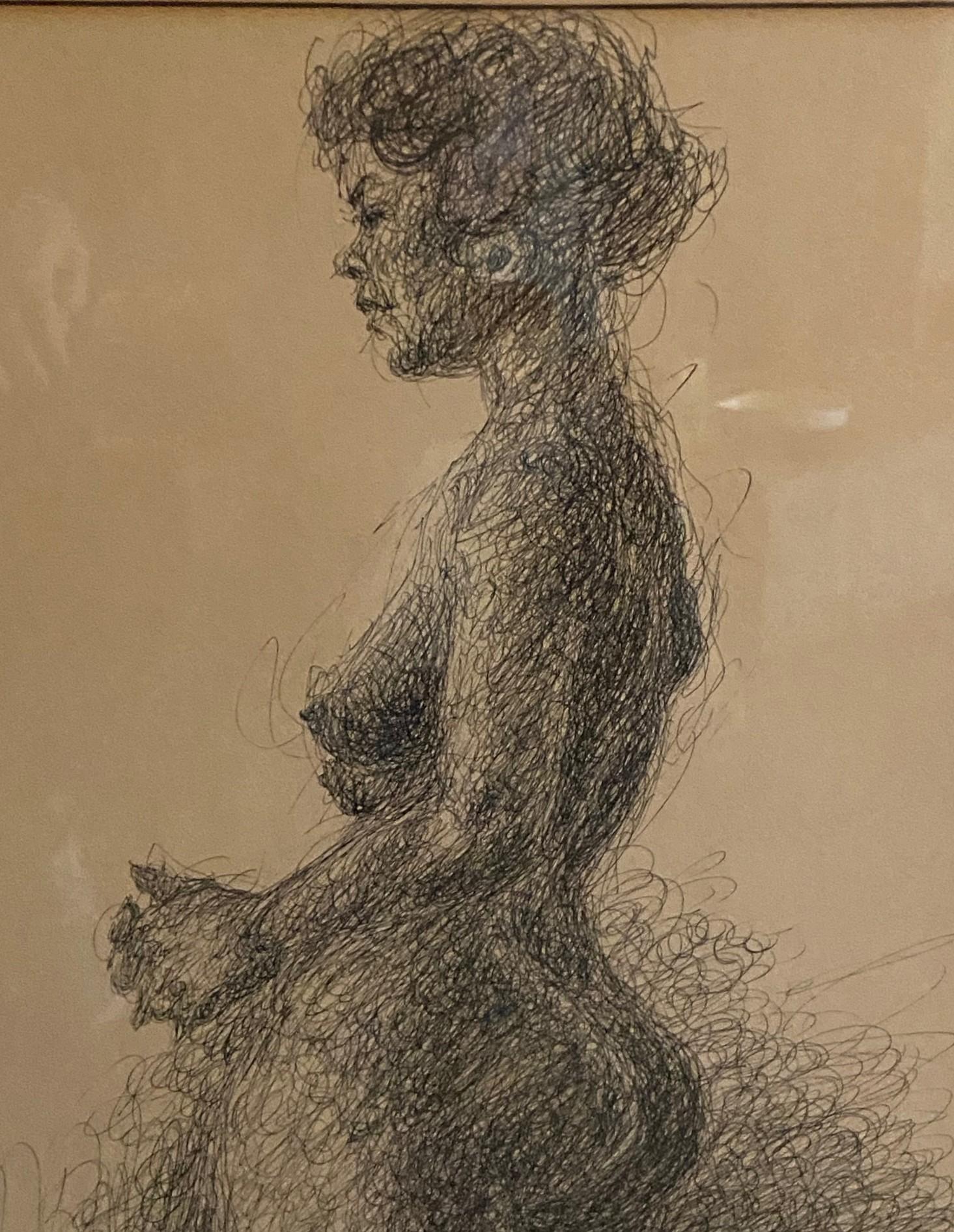 20th Century Arthur Okamura Signed Original Ink on Paper Drawing Nude Portrait of Woman For Sale