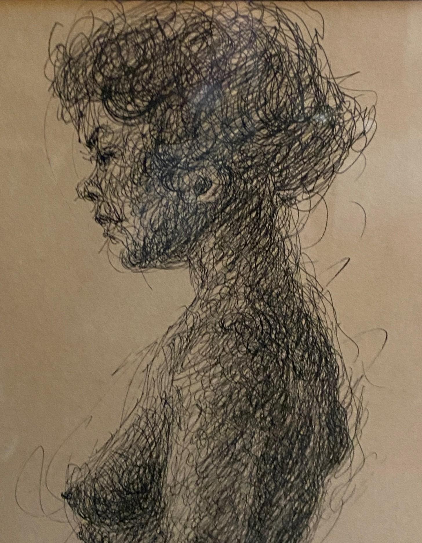 Arthur Okamura Signed Original Ink on Paper Drawing Nude Portrait of Woman For Sale 1