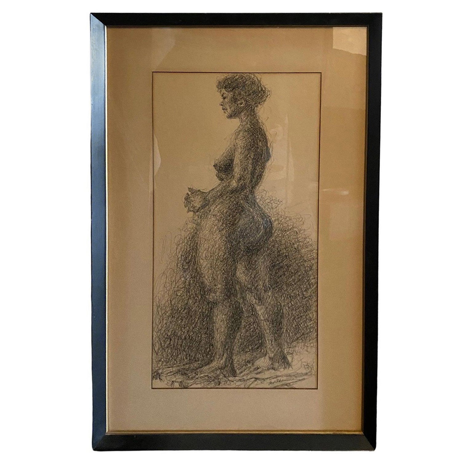 Arthur Okamura Signed Original Ink on Paper Drawing Nude Portrait of Woman