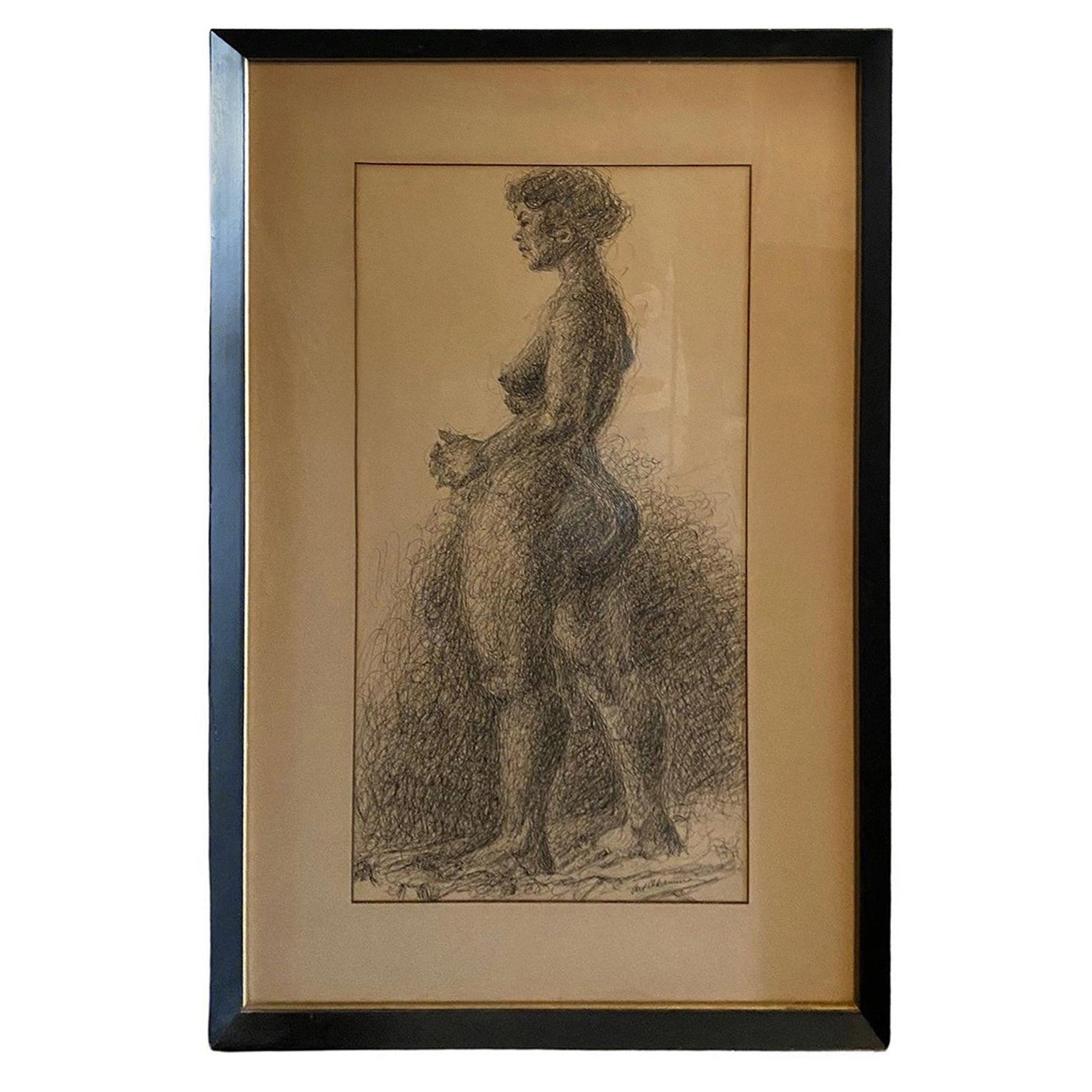 Arthur Okamura ha firmato un disegno originale di ritratto di donna nuda con inchiostro su carta