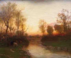 "En la orilla del río" Arthur Parton,  Escuela del Río Hudson, obra atmosférica resplandeciente