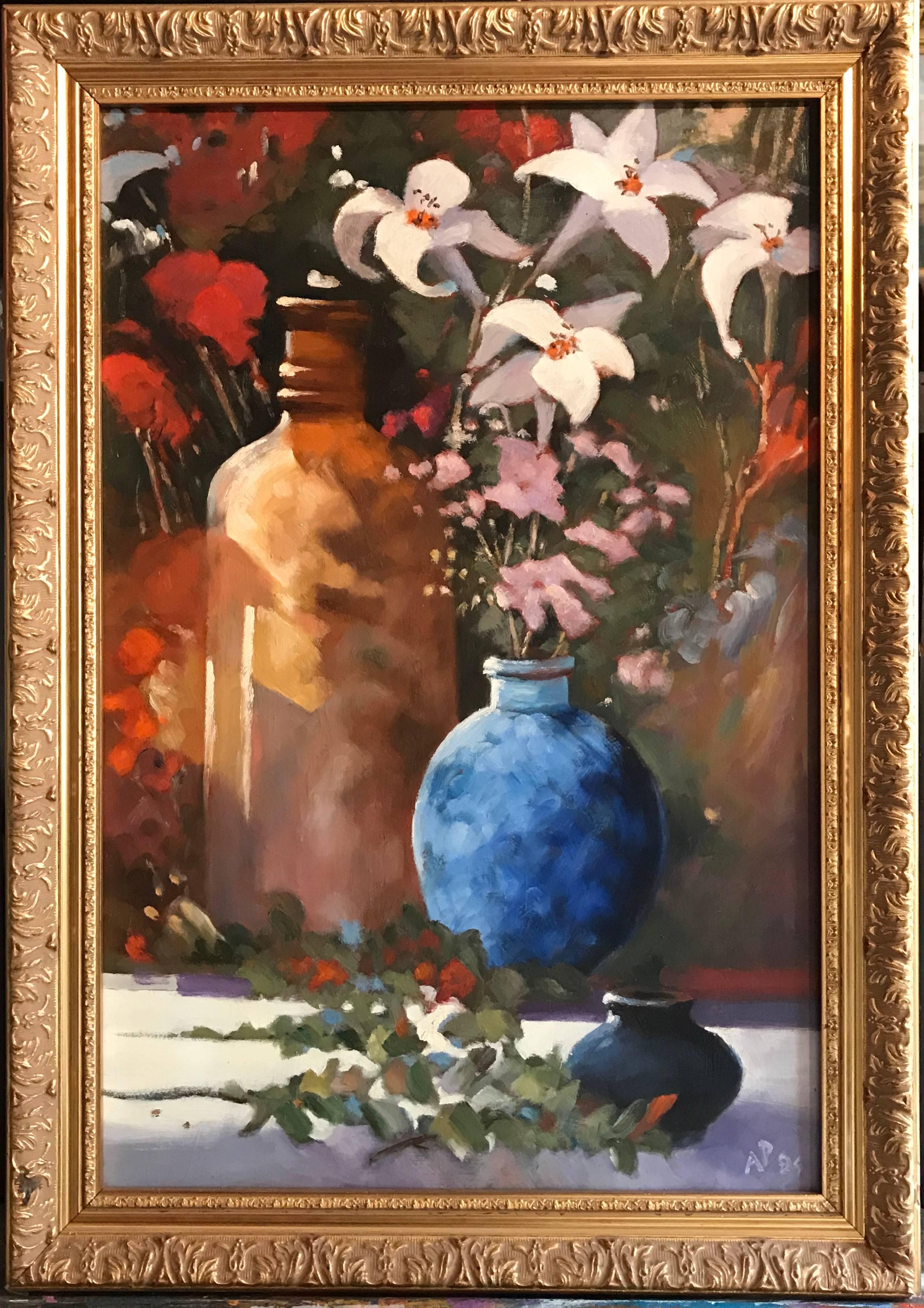 British Still life Lilies and Blue Vase, Signed oil - Impressionist Painting by Arthur Pass