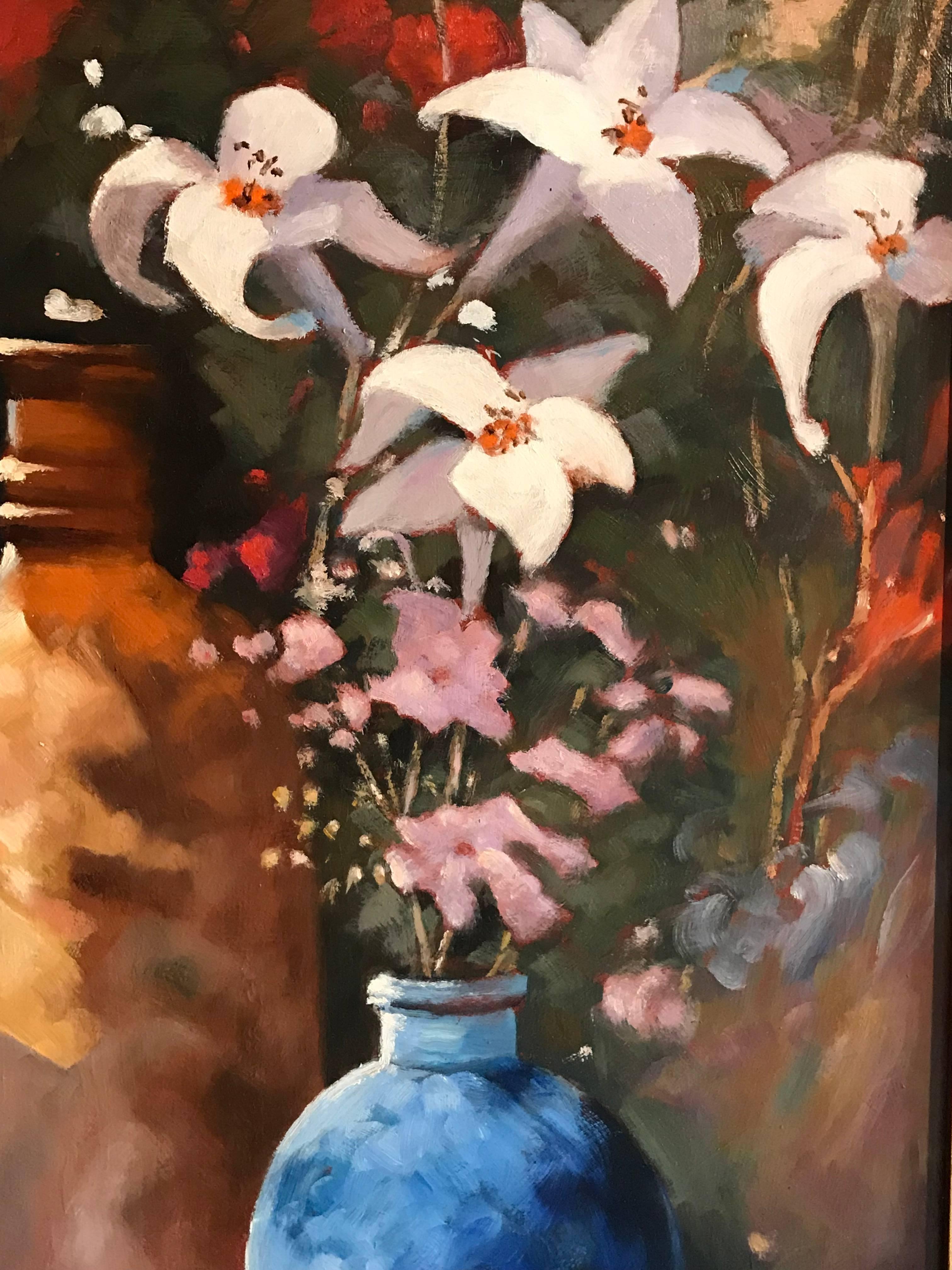 British Still life Lilies and Blue Vase, Signed oil - Black Interior Painting by Arthur Pass