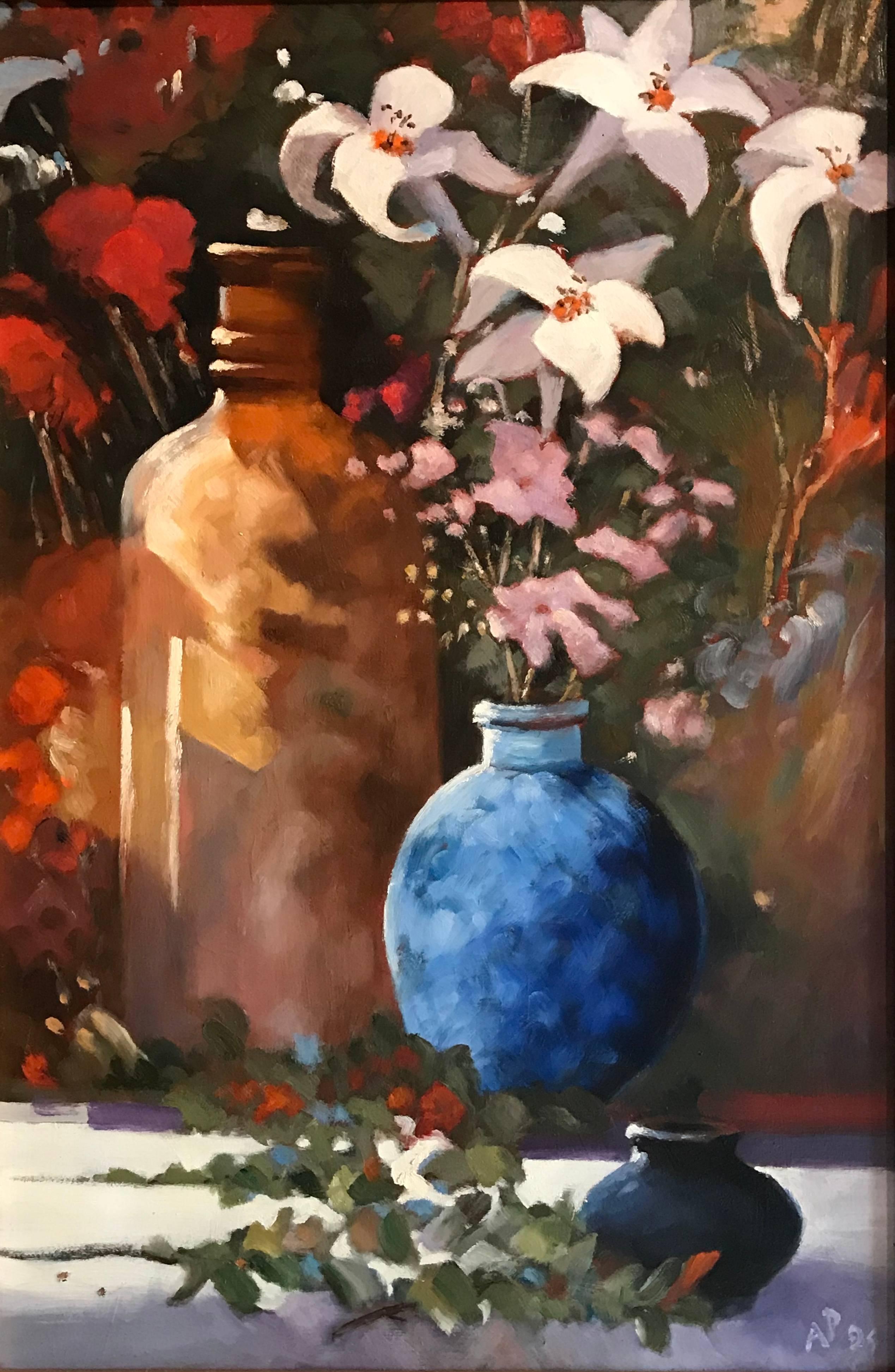Arthur Pass Interior Painting - British Still life Lilies and Blue Vase, Signed oil