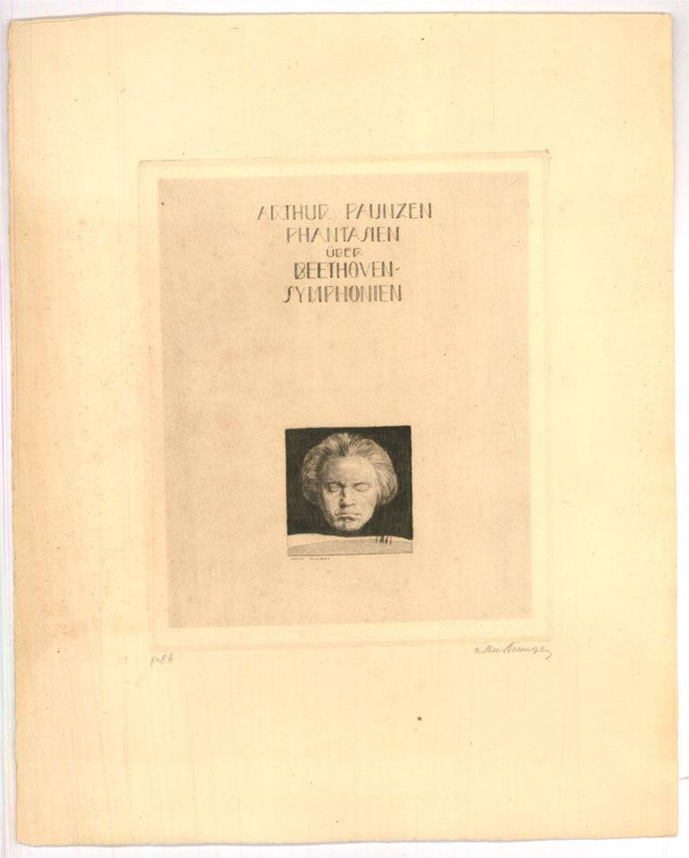 The face of Ludwig van Beethoven, likely taken from his death mask. Signed in plate and signed in graphite below the plate line. Inscribed in graphite with the print number 'No.86'. On Chine-collé on watermarked laid.