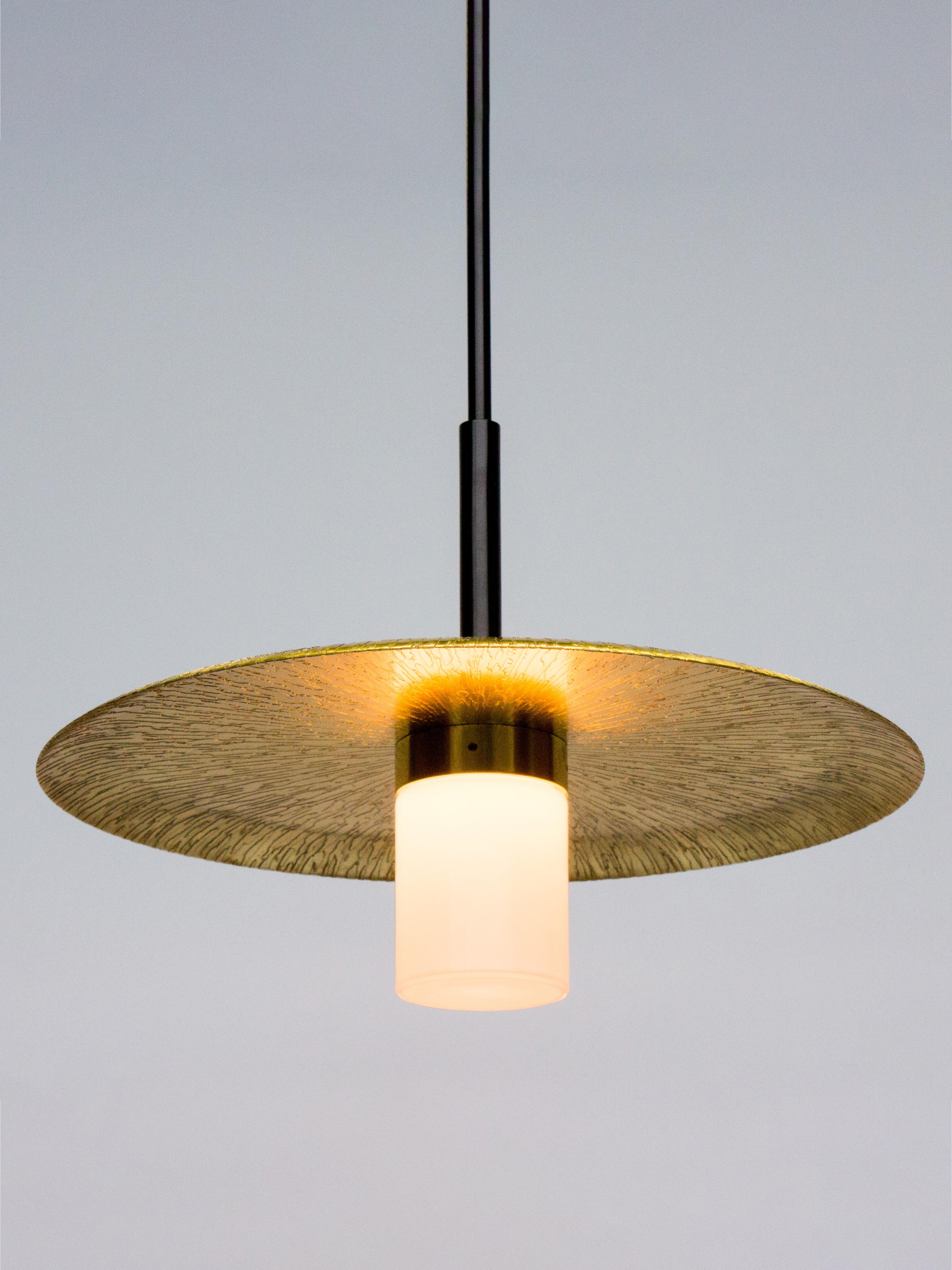 Contemporary Arthur Pendant with a Powder-Coated Shade, Blonde Patina and Smoked Glass For Sale