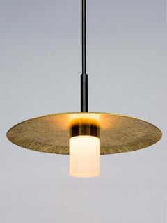Arthur Pendant with Etched & Polished Sunburst Brass Shade, Handblown Milk Glass