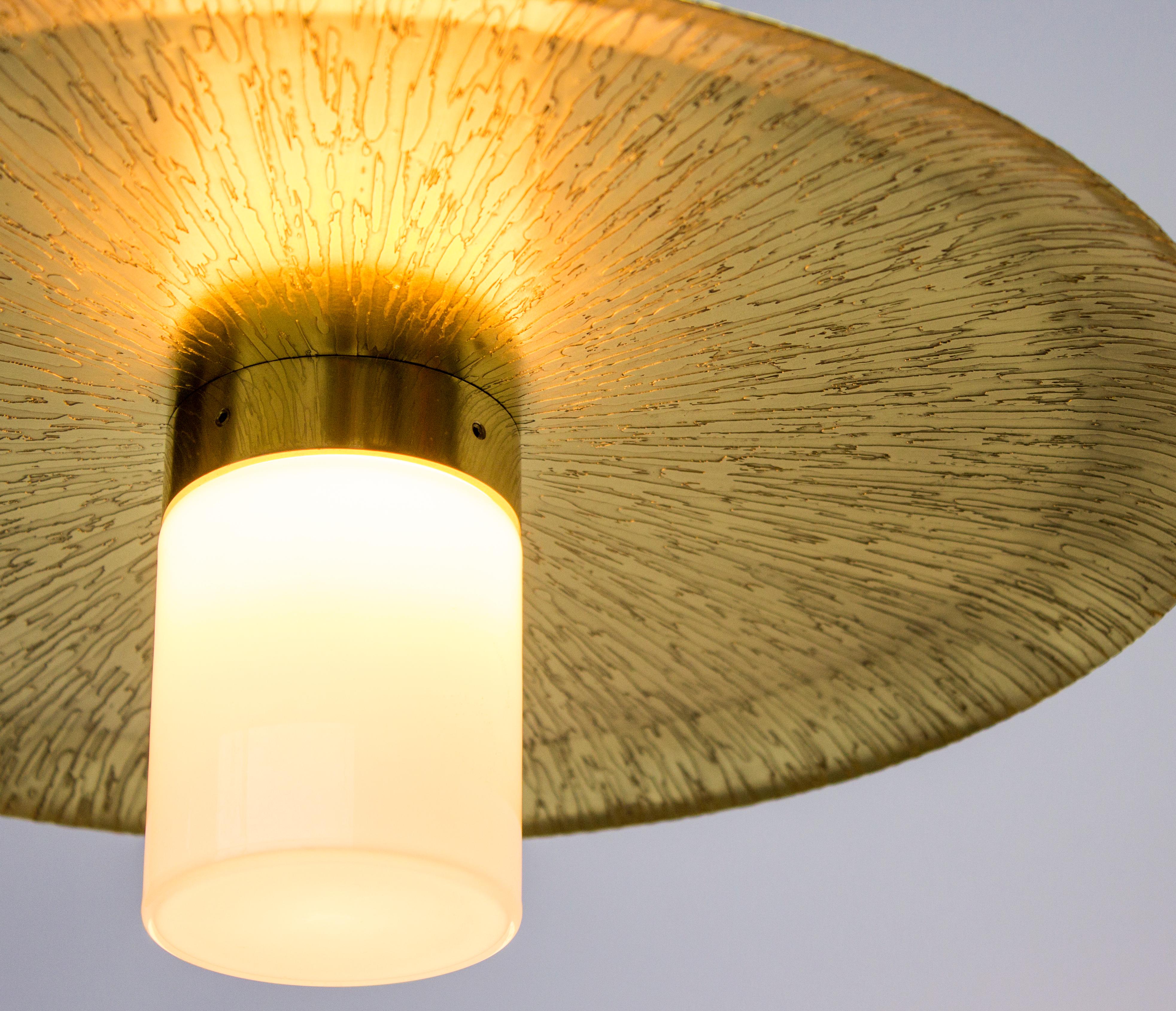 Other Arthur Pendant with Etched & Polished Sunburst Brass Shade, Handblown Milk Glass For Sale