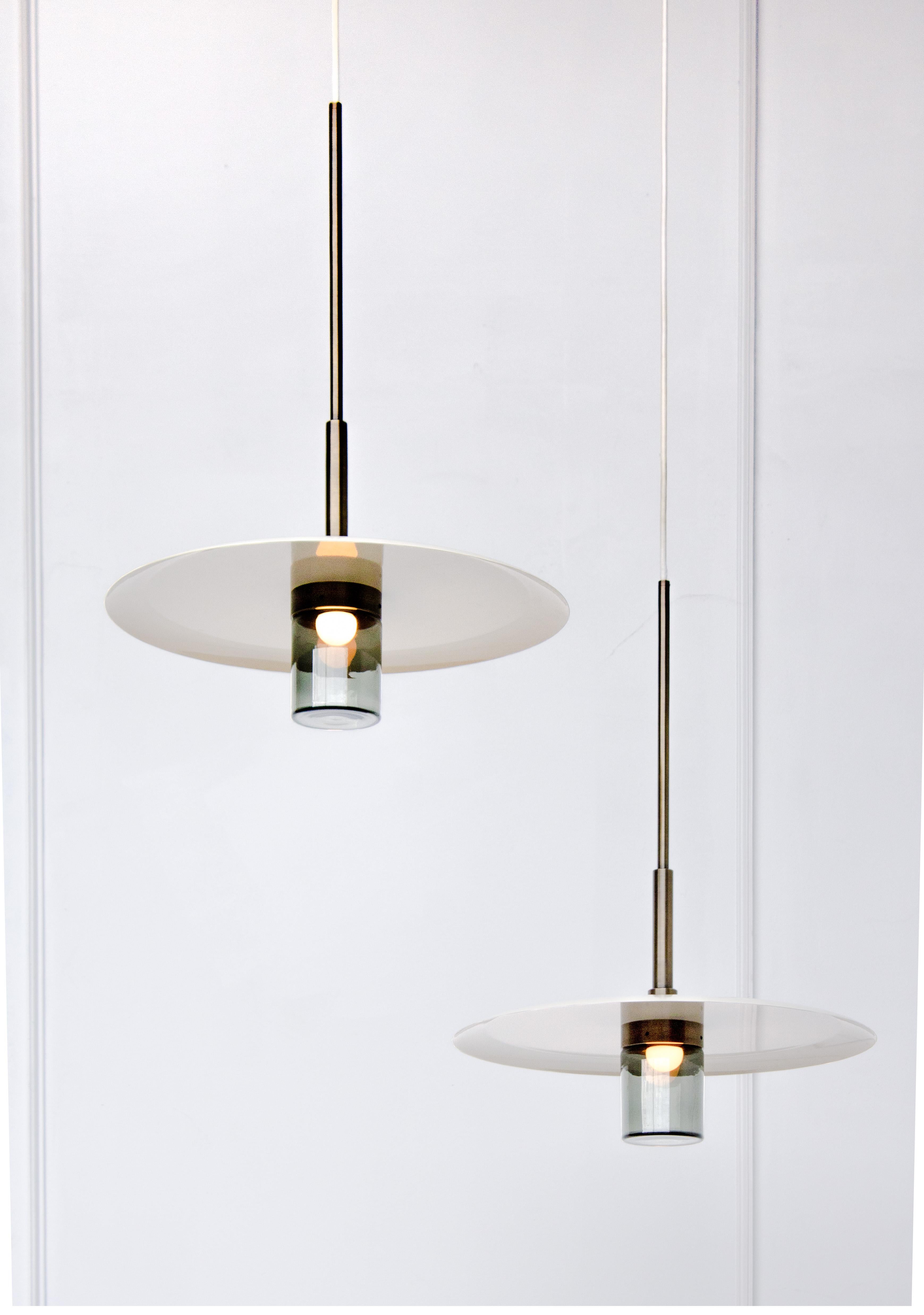 Contemporary Arthur Pendant with Etched & Polished Sunburst Brass Shade, Handblown Milk Glass For Sale