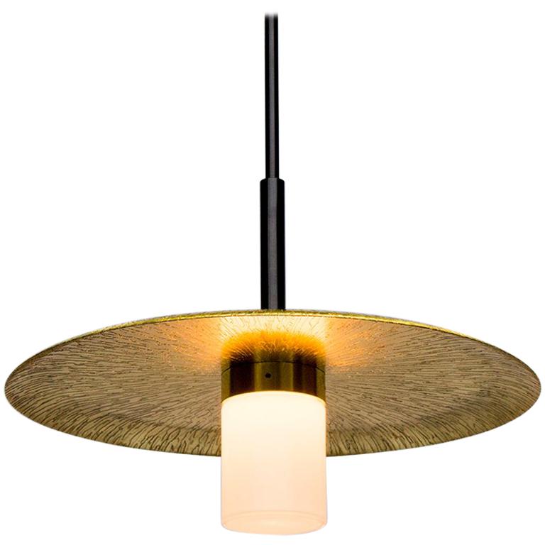 Arthur Pendant with Etched & Polished Sunburst Brass Shade, Handblown Milk Glass For Sale