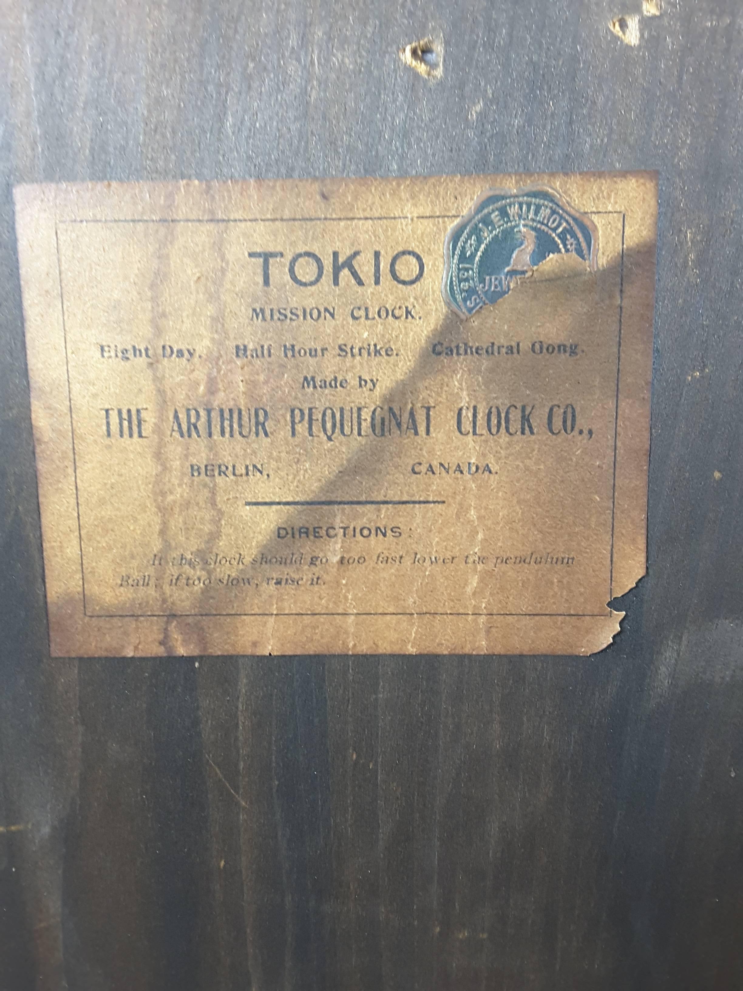 Woodwork Arthur Pequegnat Mantle Clock, Tokio Model, Mission Style, Circa 1910
