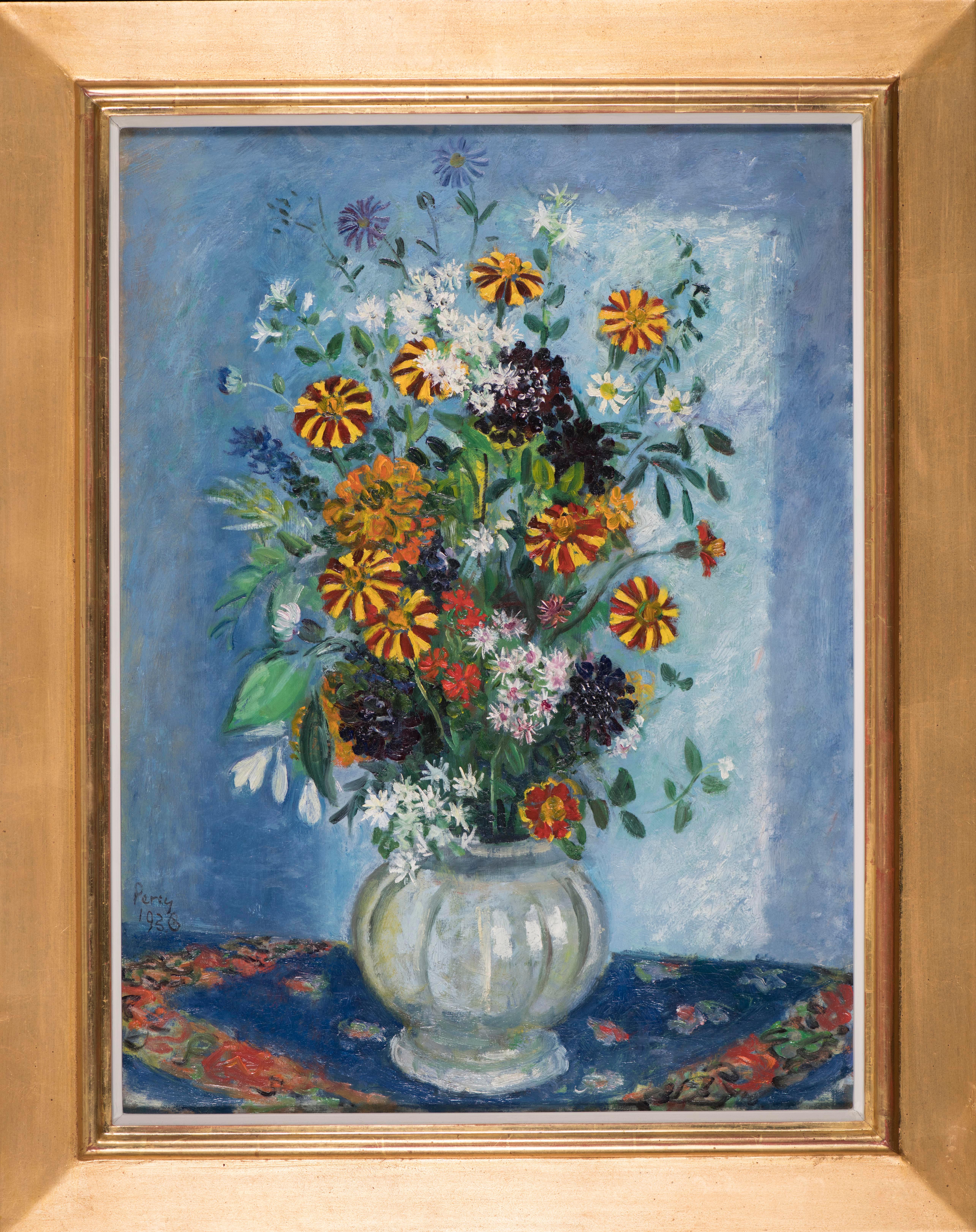 Fiori contro un muro blu - Painting di Arthur Percy
