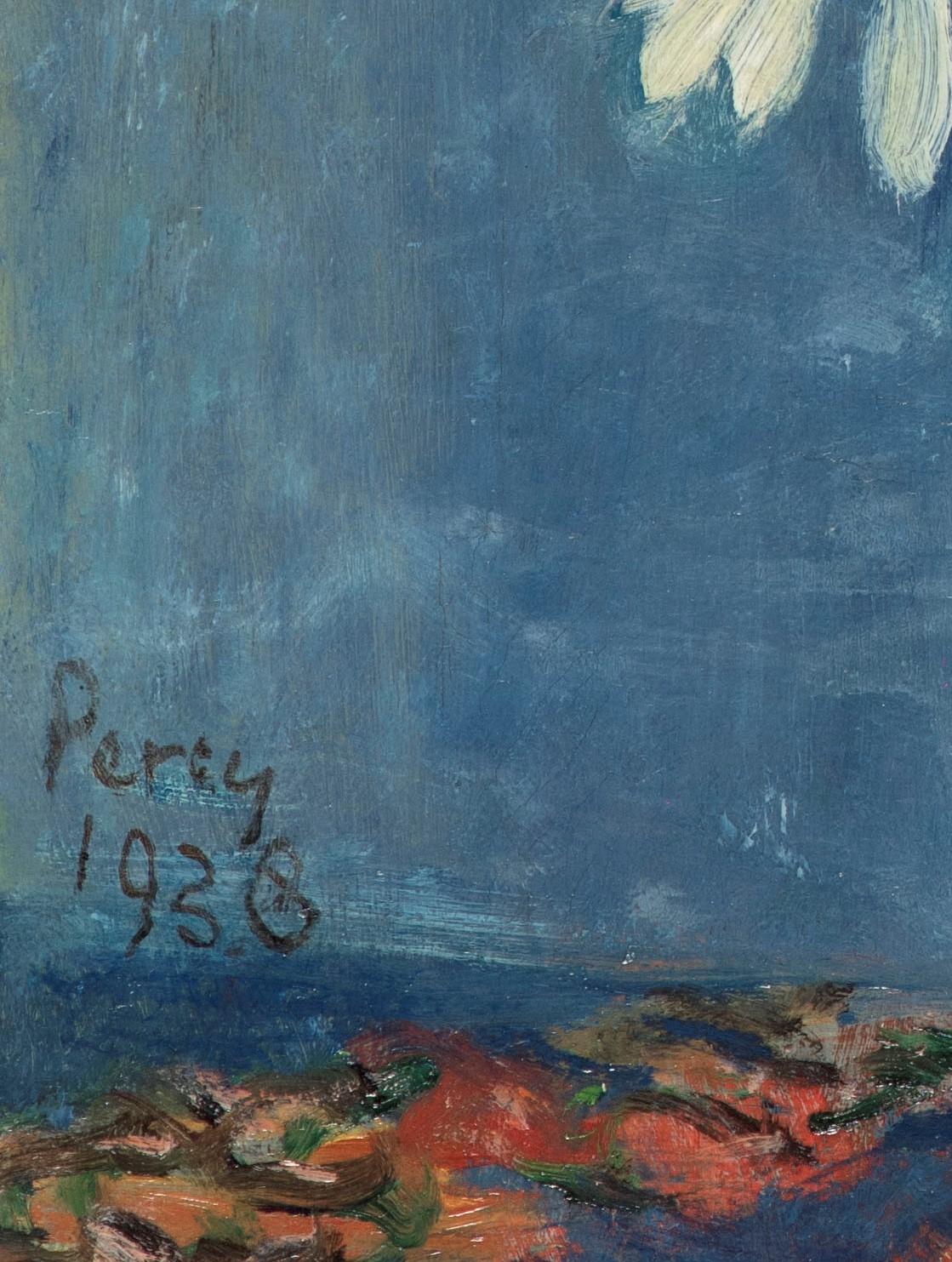 Fiori contro un muro blu - Still-Life Painting Grigio di Arthur Percy