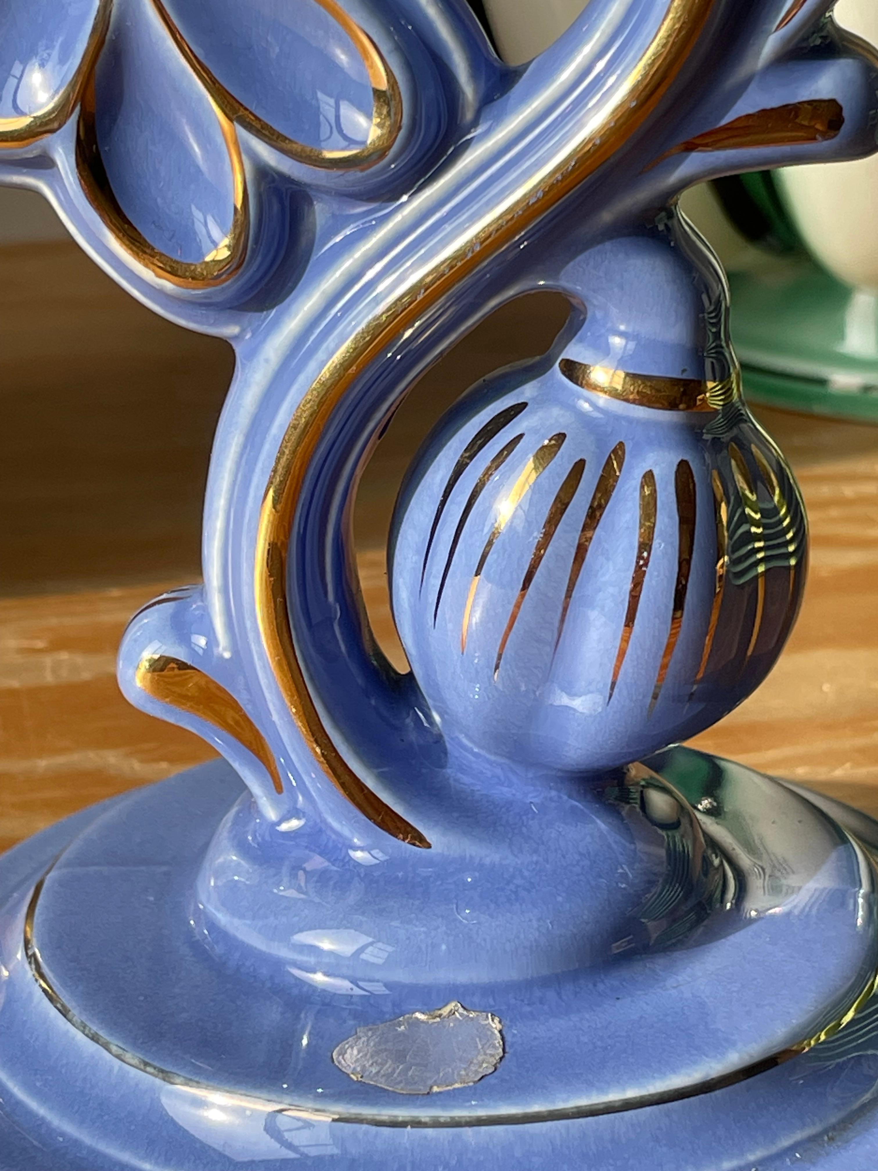 Arthur Percy Blue, Golden Porcelain Candle Holder, 1952 For Sale 3