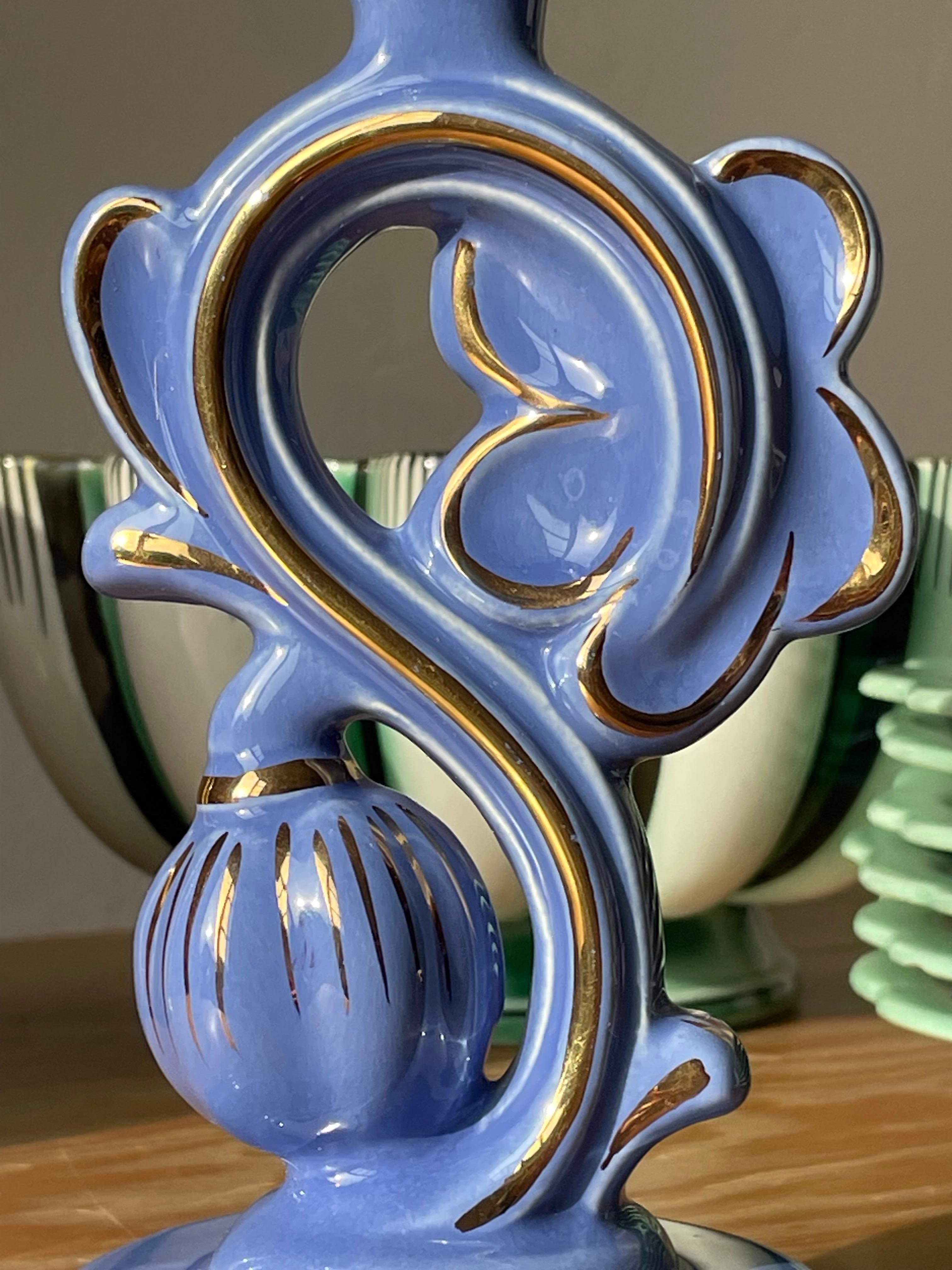 Arthur Percy Blue, Golden Porcelain Candle Holder, 1952 For Sale 4