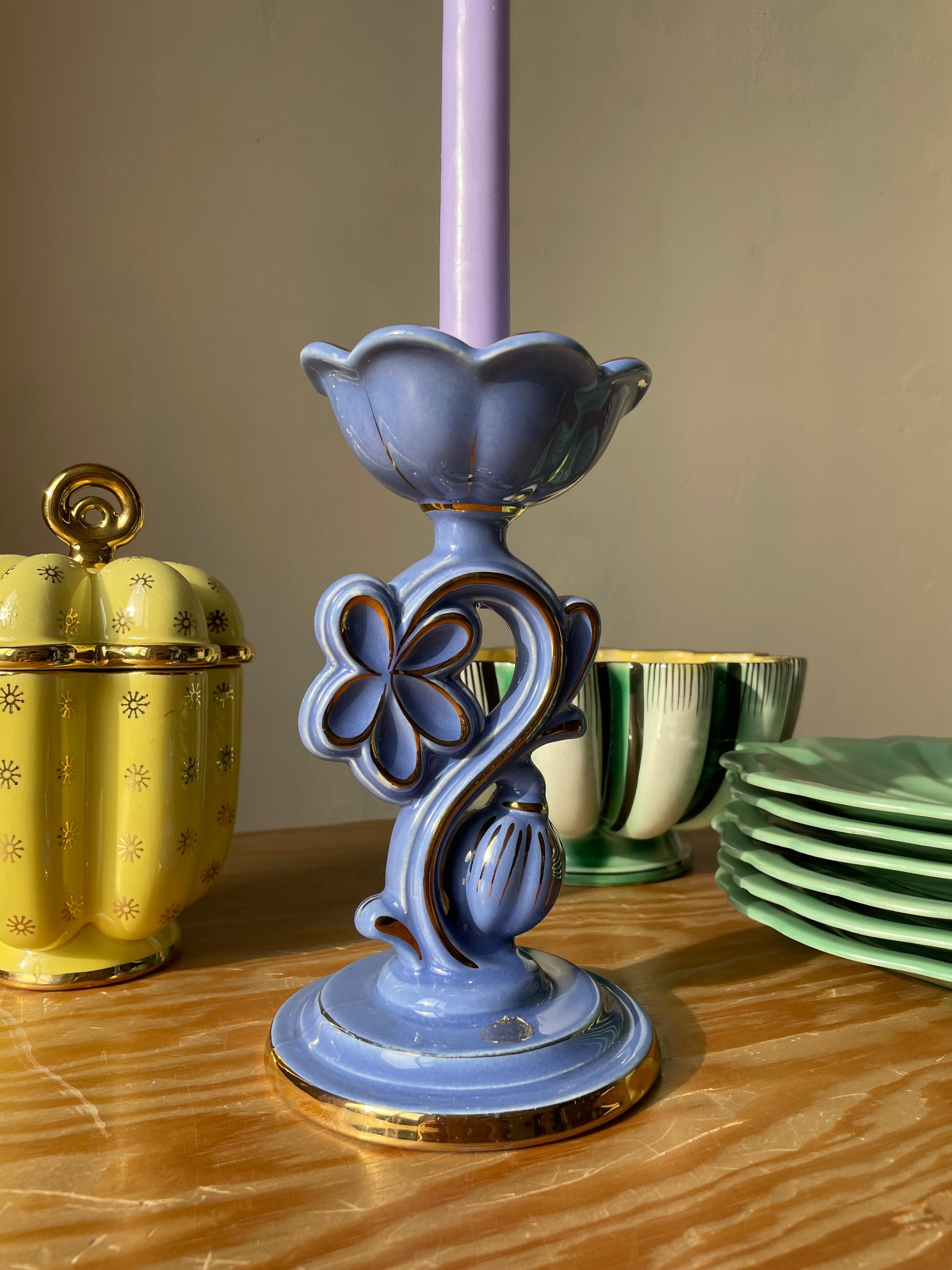 Arthur Percy Blue, Golden Porcelain Candle Holder, 1952 For Sale 6