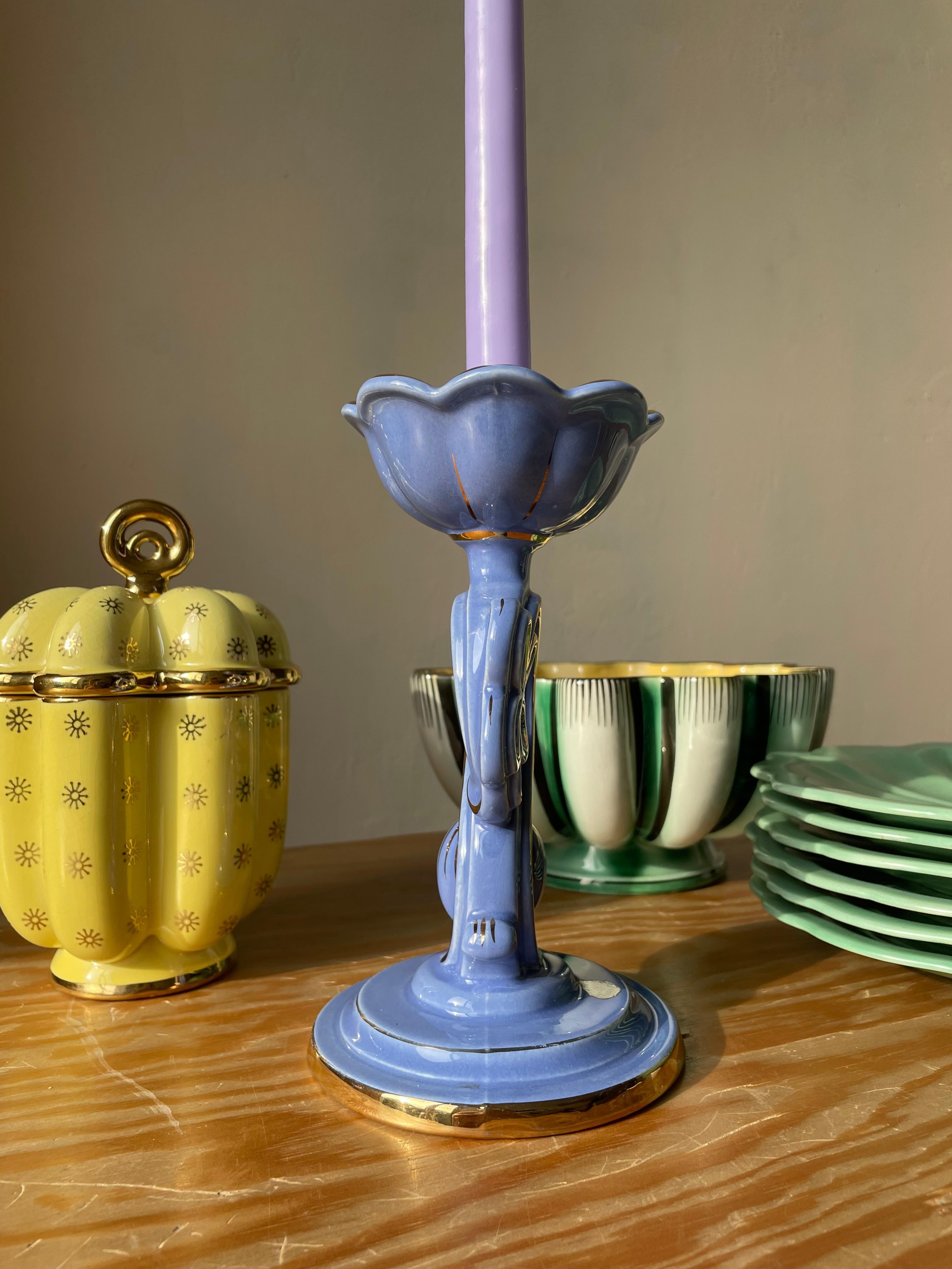 Arthur Percy Blue, Golden Porcelain Candle Holder, 1952 For Sale 7