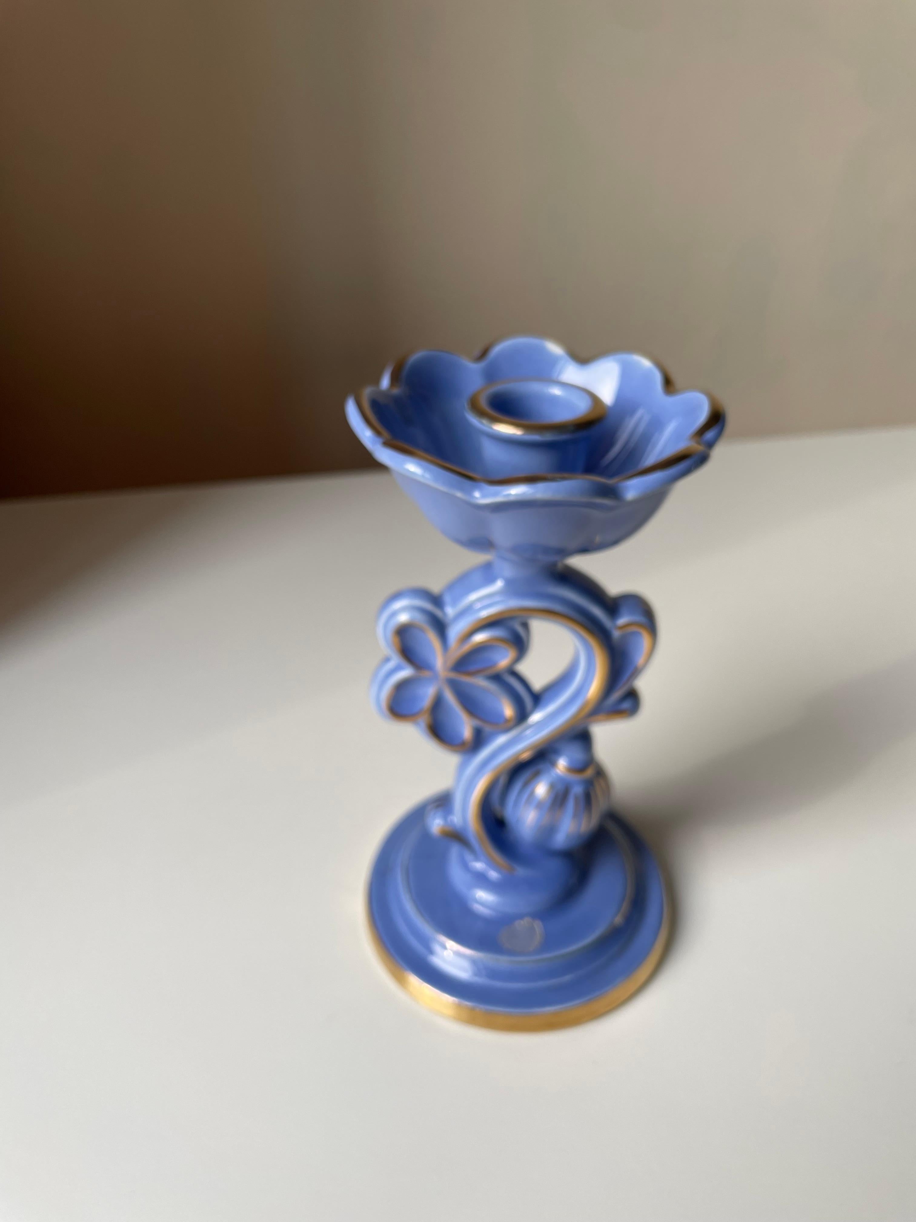 Art Nouveau Arthur Percy Blue, Golden Porcelain Candle Holder, 1952 For Sale