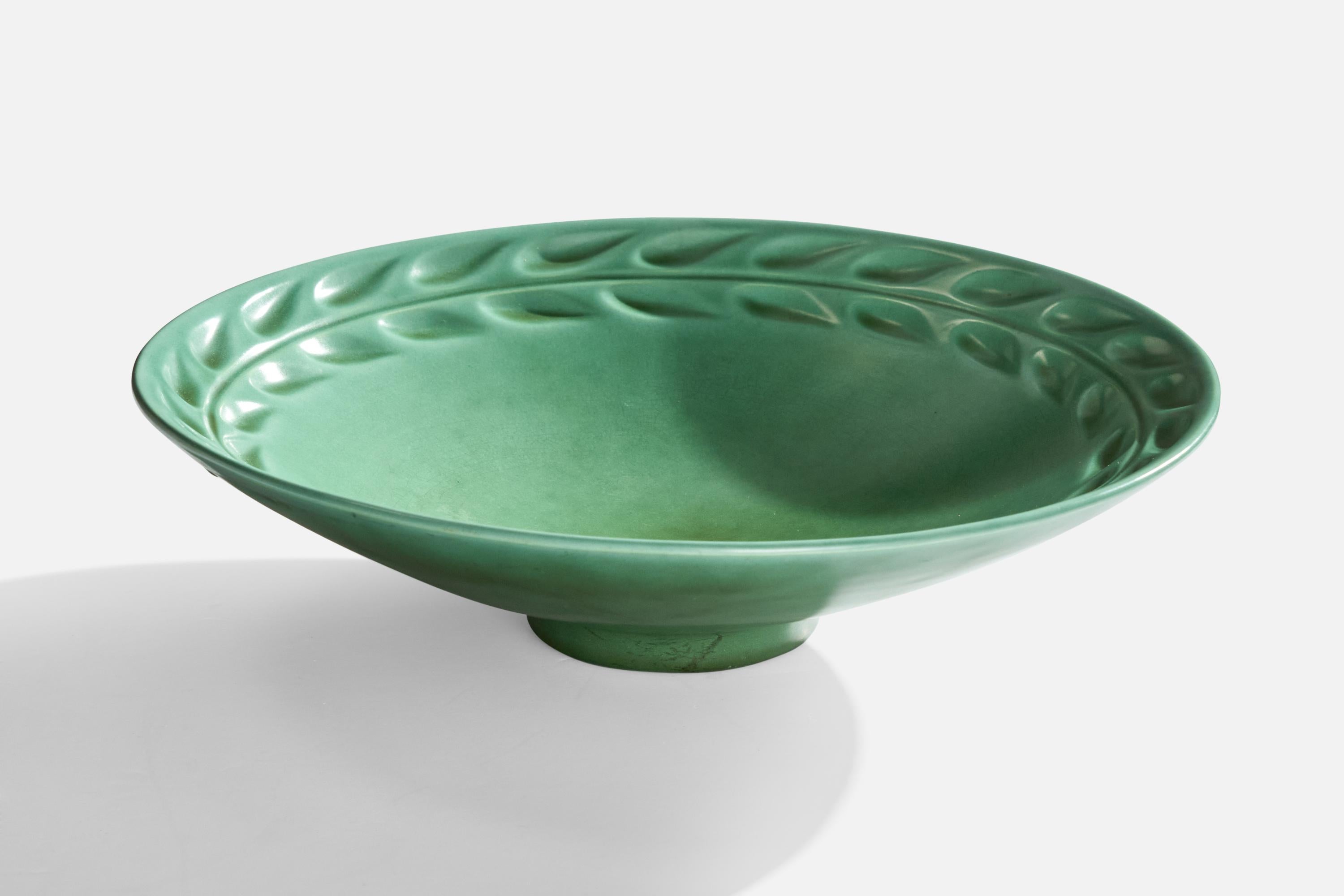 Jarrón cuenco de esmalte verde diseñado por Arthur Percy y producido por Gefle, Suecia, años 30.
