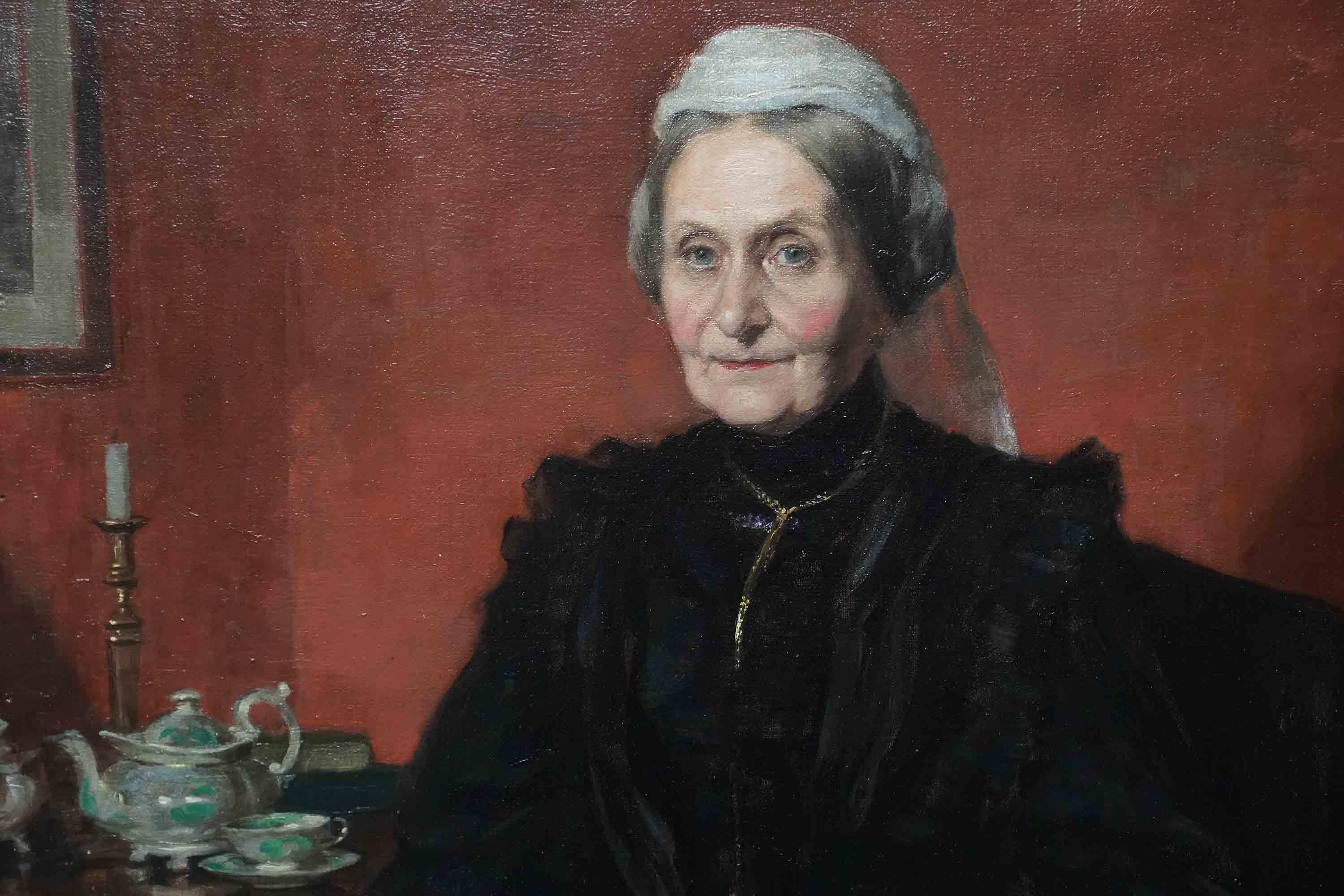 Interieurporträt einer Dame, die Tee trinkt, – schottisches edwardianisches Ölgemälde im Angebot 1