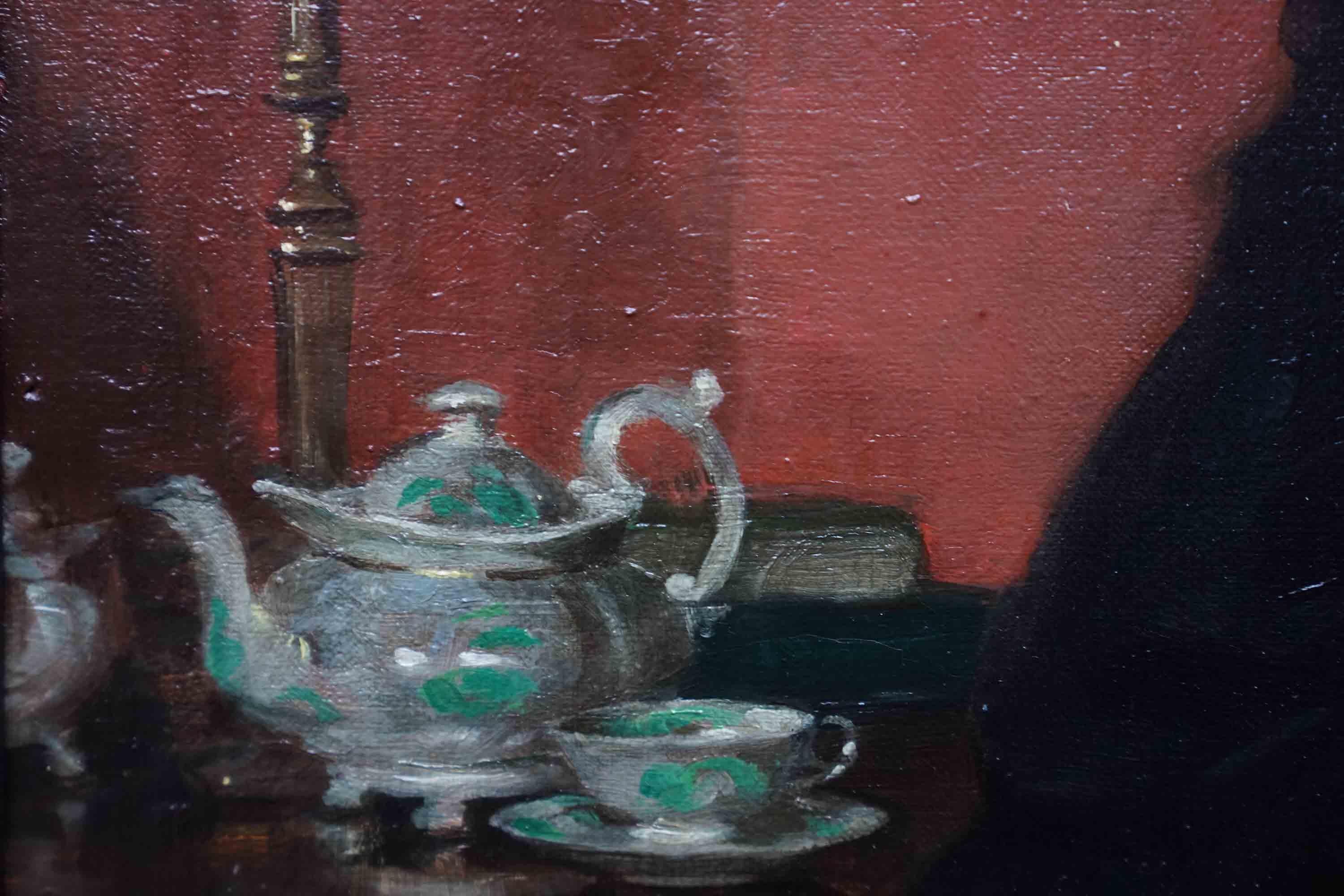 Interieurporträt einer Dame, die Tee trinkt, – schottisches edwardianisches Ölgemälde im Angebot 3