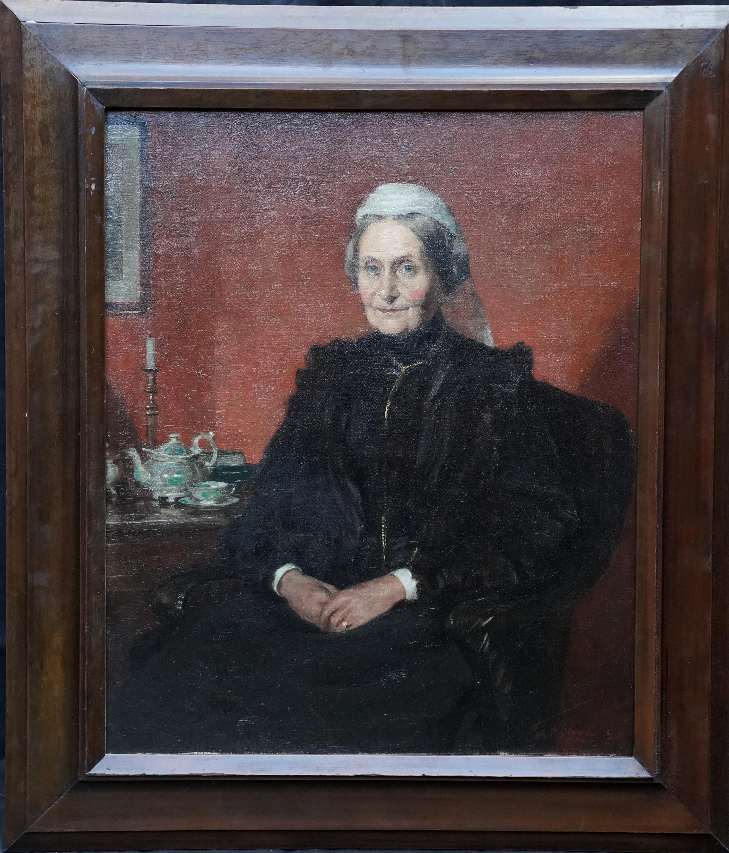 Arthur Percy Dixon Interior Painting – Interieurporträt einer Dame, die Tee trinkt, – schottisches edwardianisches Ölgemälde