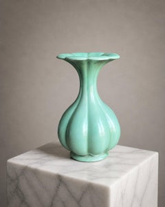 Arthur Percy for Gefle Celadon Green Art Deco Lobed Ceramic Vase, Sweden, 1930s