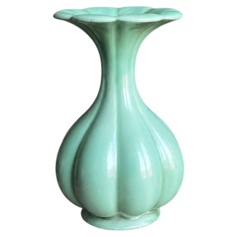 Arthur Percy for Gefle Celadon Green Art Deco Lobed Ceramic Vase, Sweden, 1930s