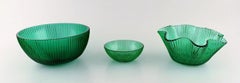 Arthur Percy for Nybro, Sweden, 3 Bowls in Green Art Glass, Fluted Design