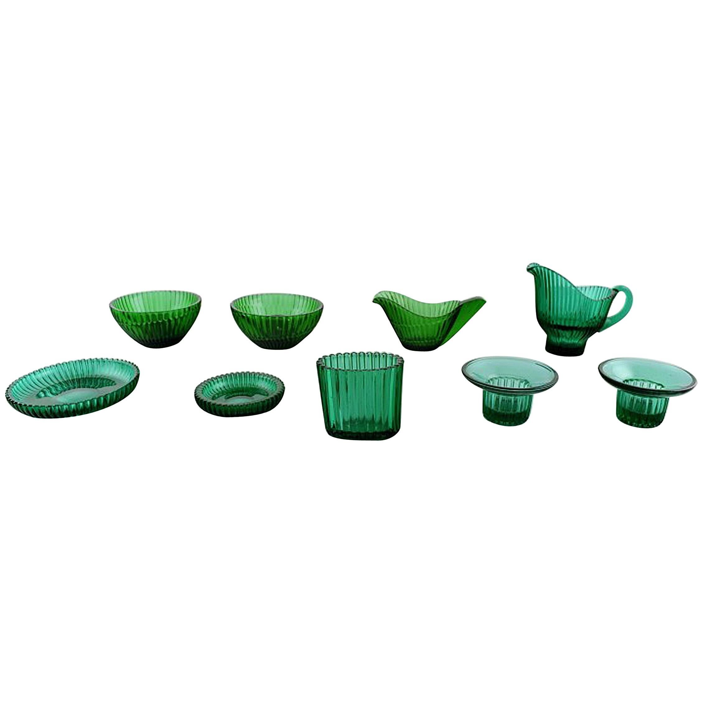 Arthur Percy for Nybro Sweden, Collection of Green Art Glass, 9 Pieces