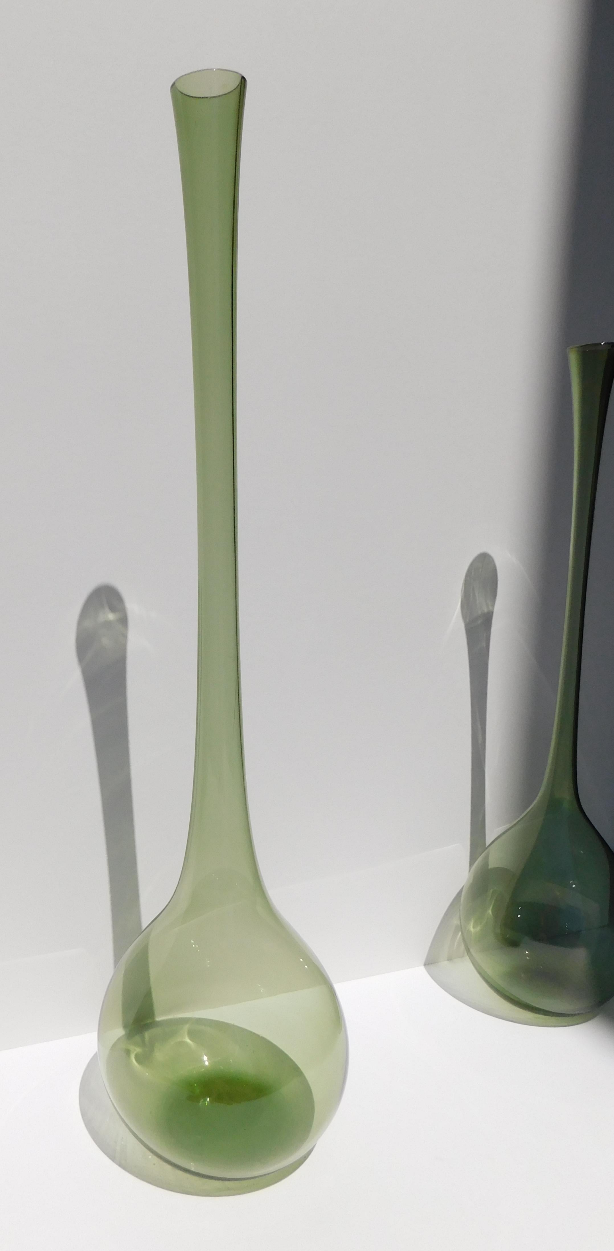 Set of two art glass vases most likely by Arthur Percy for Gullaskruf, Sweden, 1950s
Smoky green color
One measures: 20 3/4
