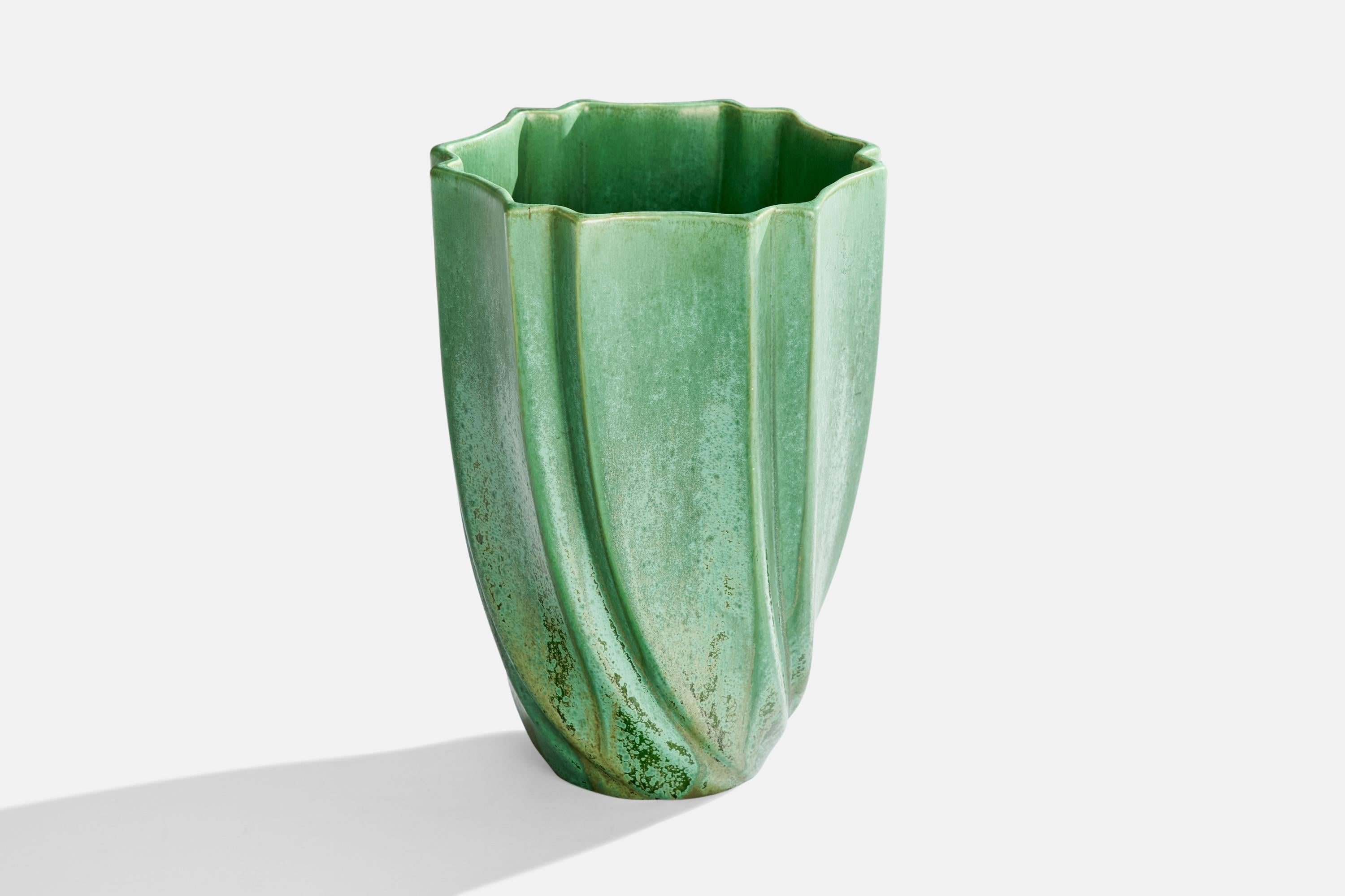 A green-glazed ceramic vase designed by Arthur Percy and produced by Gefle, Sweden, 1930s.