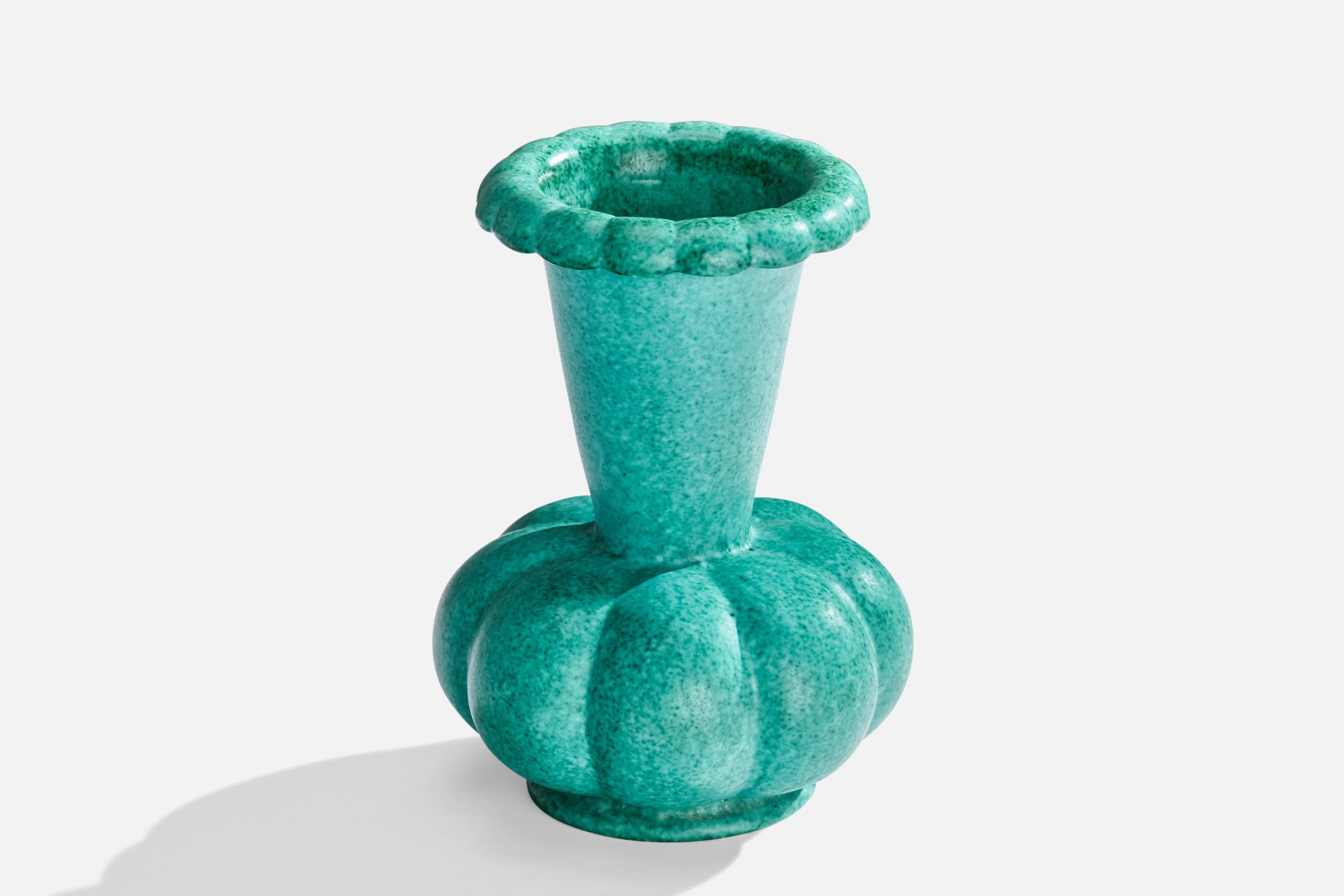 A blue-glazed ceramic vase designed by Arthur Percy and produced by Gefle, Sweden, 1930s.