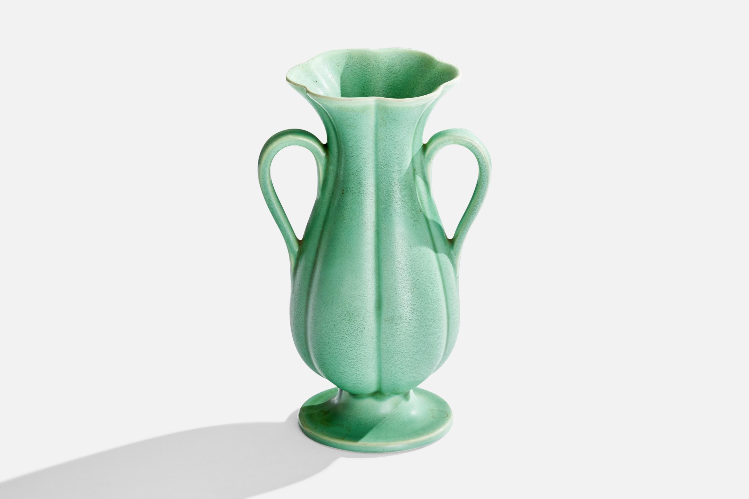A green-glazed ceramic vase designed by Arthur Percy and produced by Gefle, Sweden, 1930s.