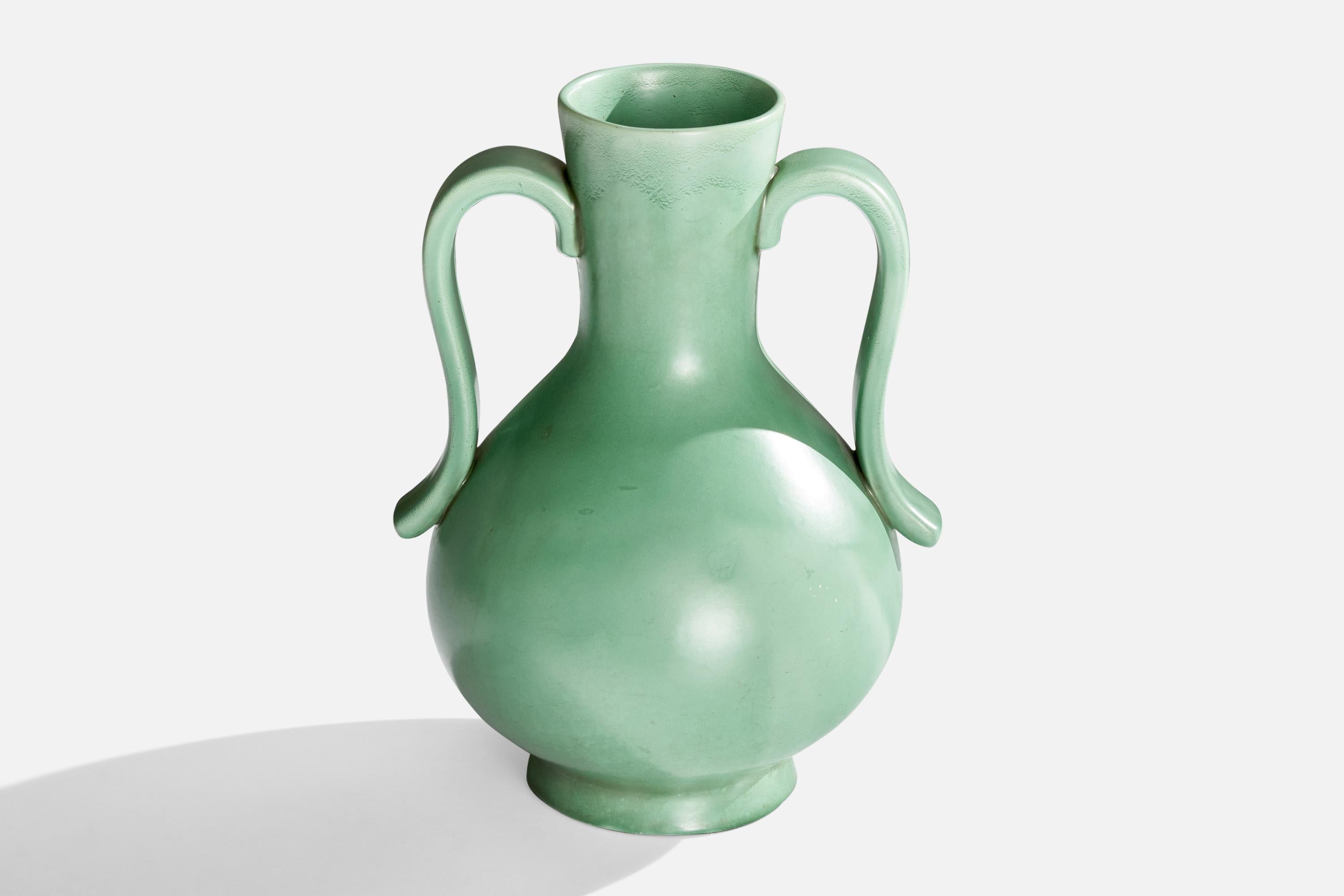 A green-glazed ceramic vase designed by Arthur Percy and produced by Gefle, Sweden, 1930s.

