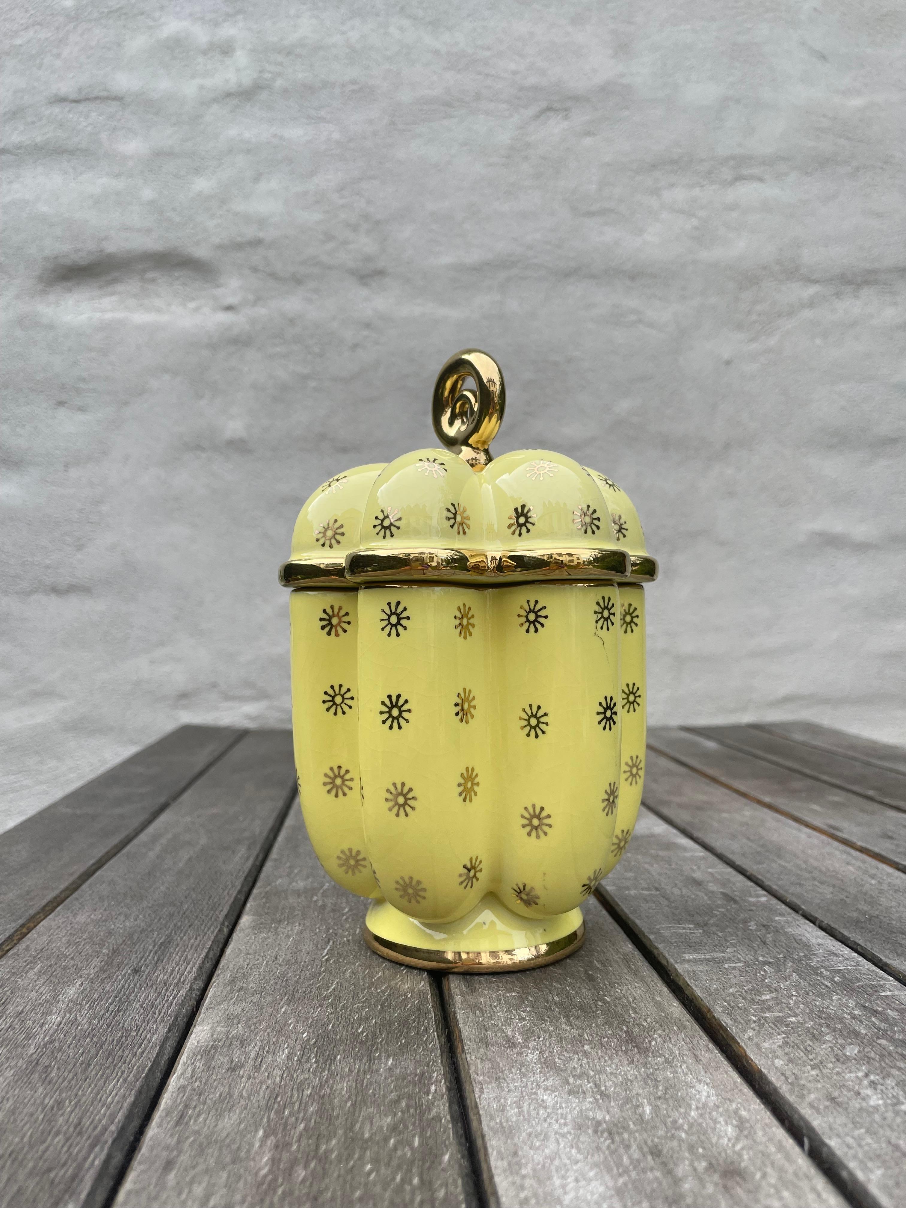 Arthur Percy Yellow Porcelain Golden Decor Lidded Jar, 1950s For Sale 8
