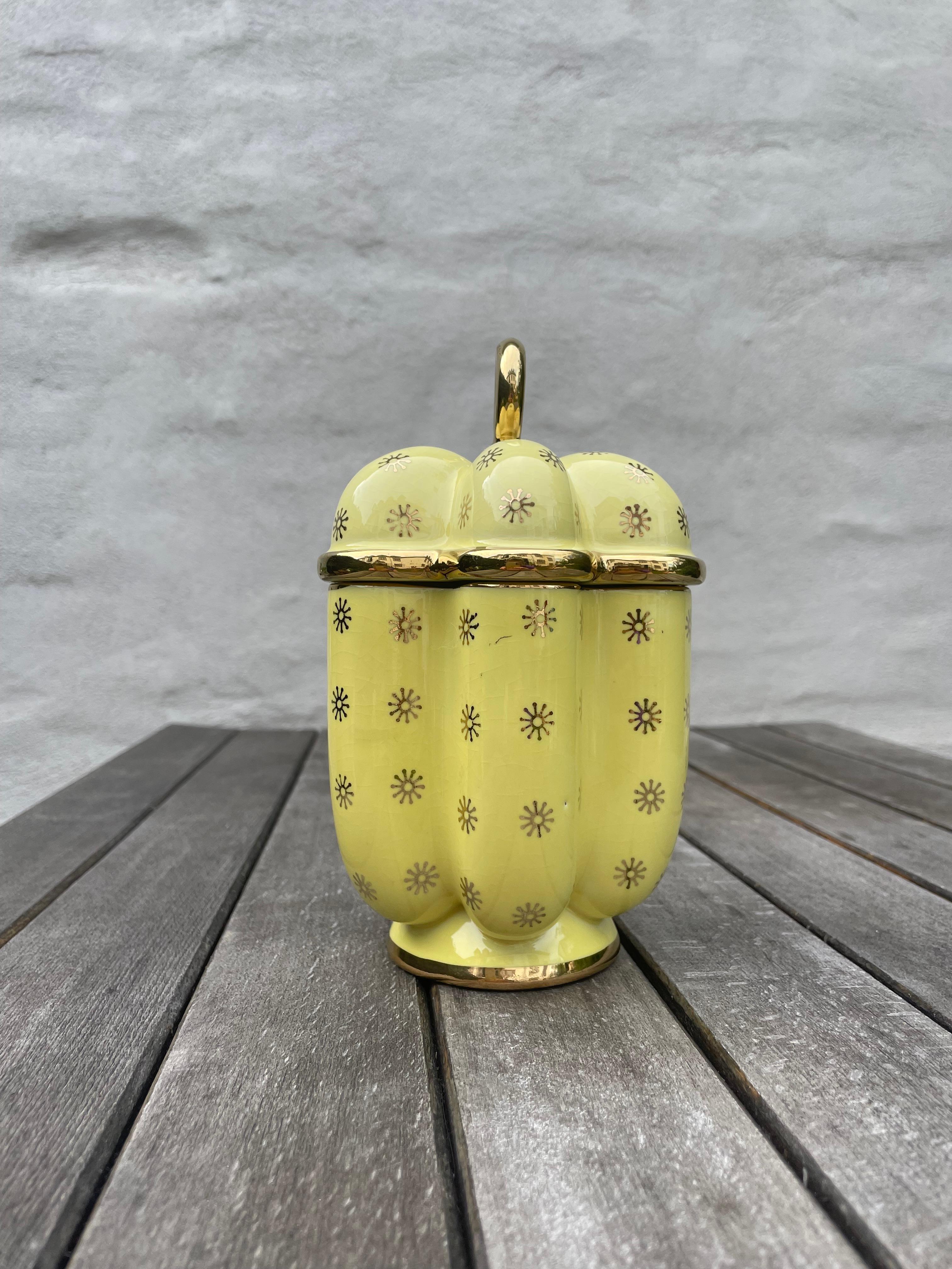 Arthur Percy Yellow Porcelain Golden Decor Lidded Jar, 1950s For Sale 12