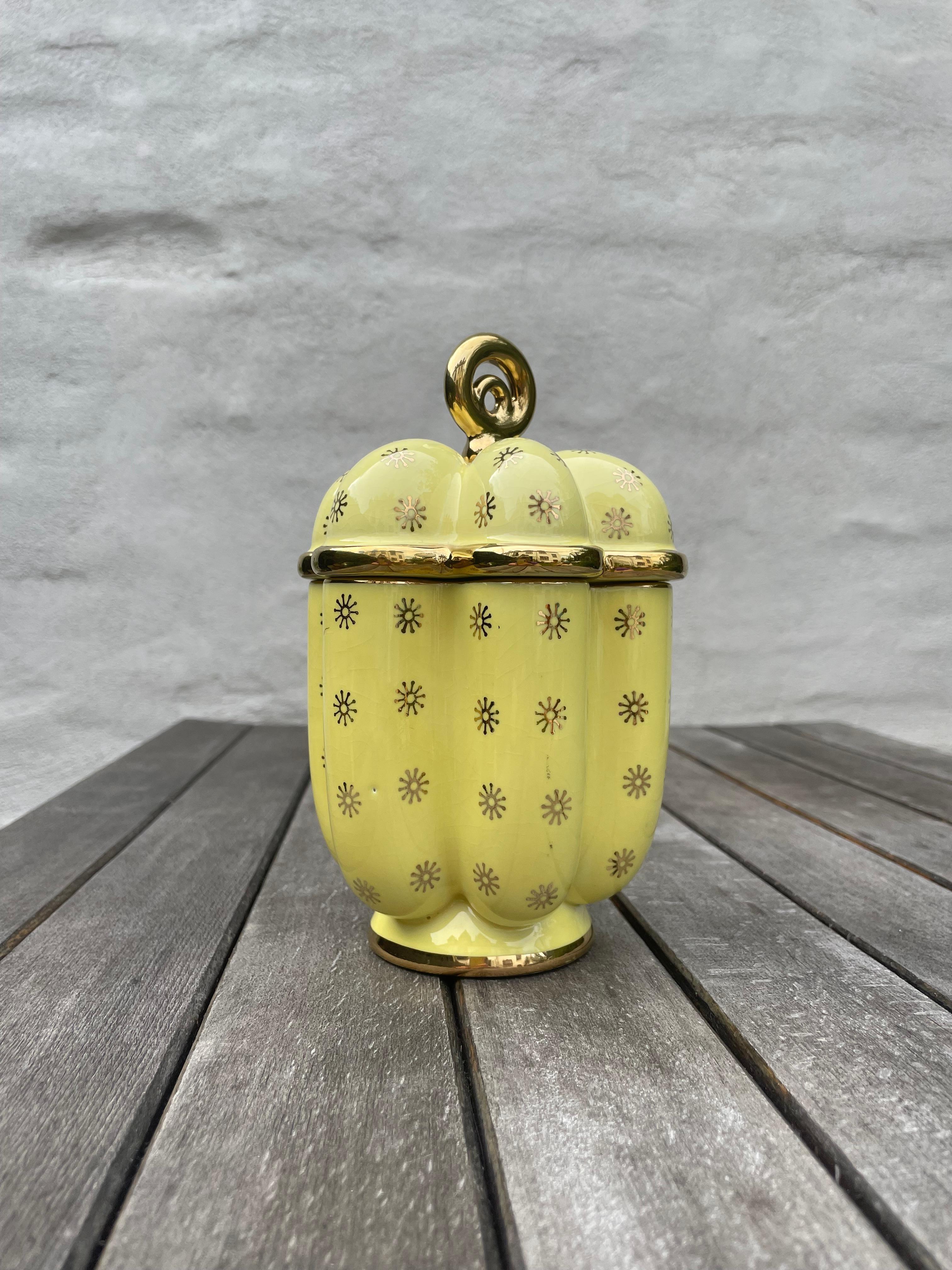 Arthur Percy Yellow Porcelain Golden Decor Lidded Jar, 1950s For Sale 13