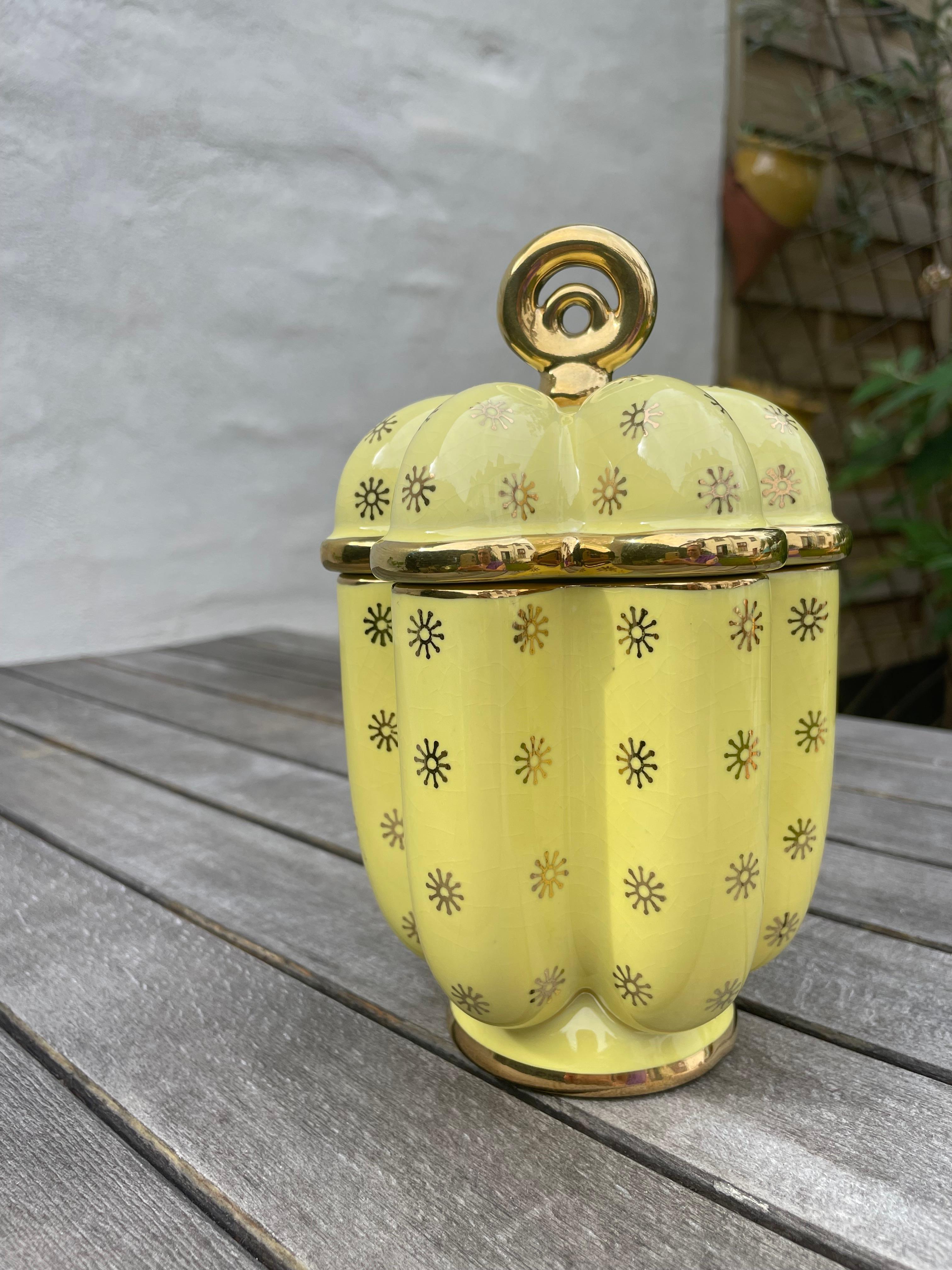 Mid-Century Modern Arthur Percy Yellow Porcelain Golden Decor Lidded Jar, 1950s For Sale