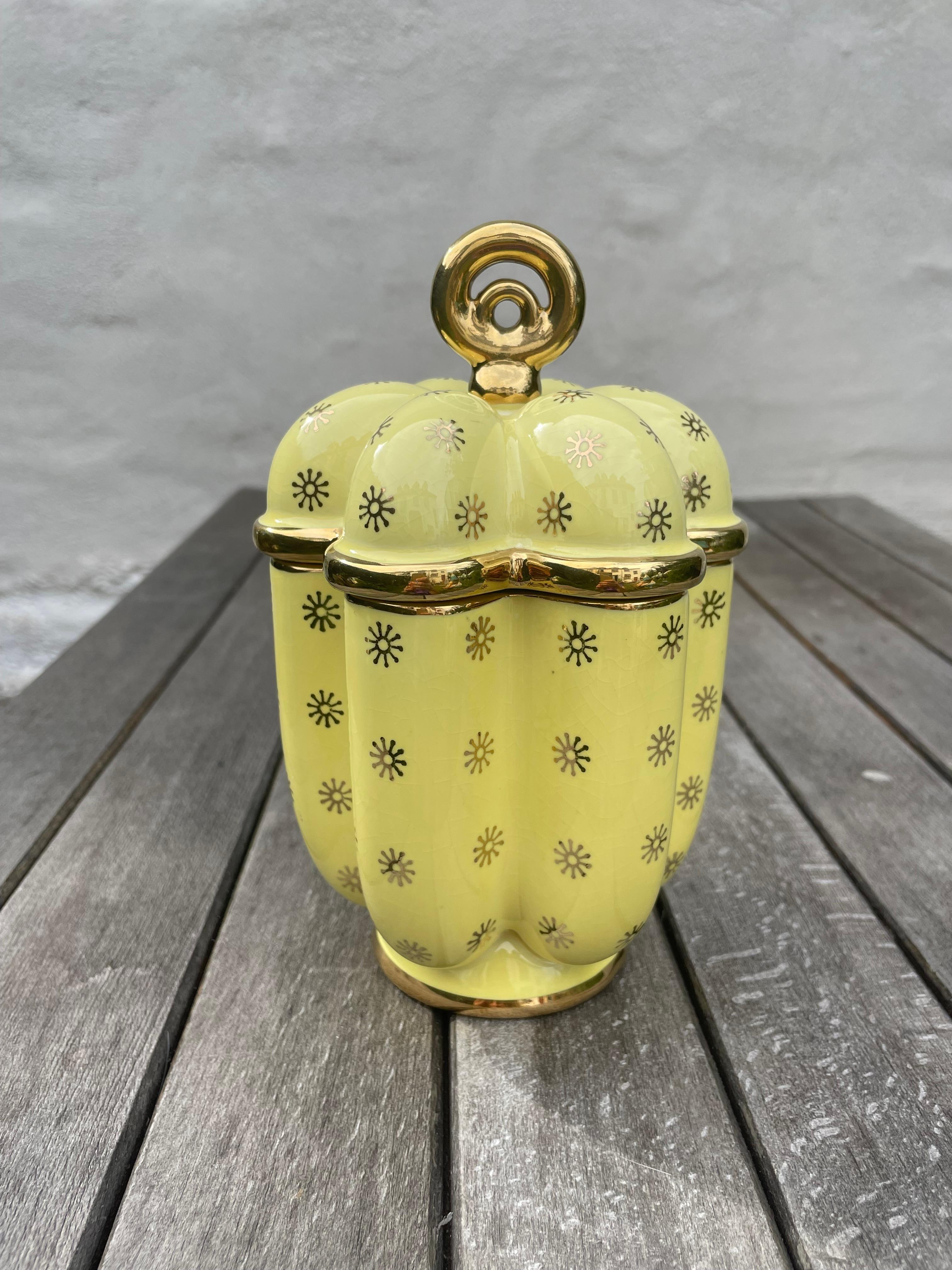 Swedish Arthur Percy Yellow Porcelain Golden Decor Lidded Jar, 1950s For Sale