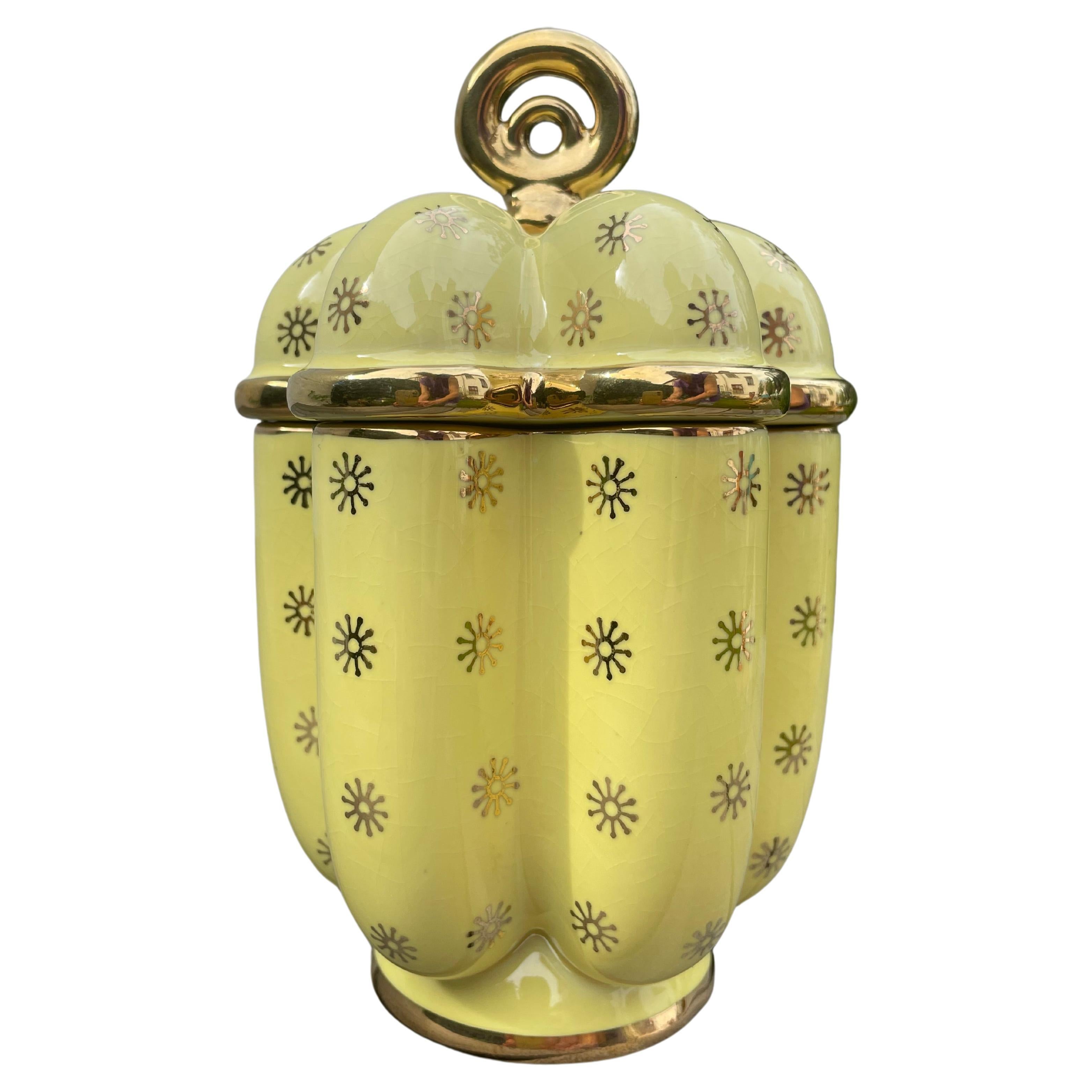 Arthur Percy Yellow Porcelain Golden Decor Lidded Jar, 1950s For Sale