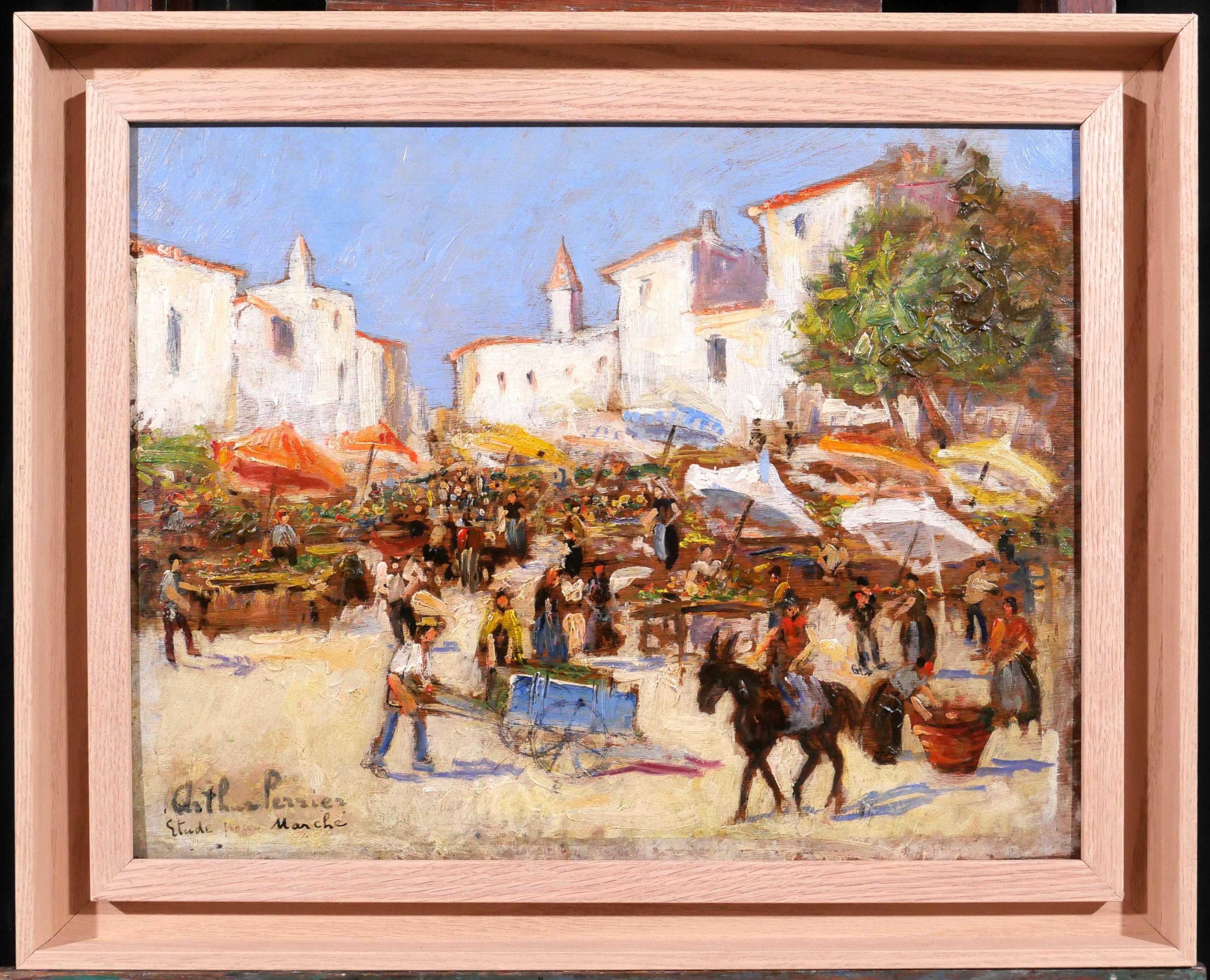 Landscape of market scene - Painting by Arthur Perrier