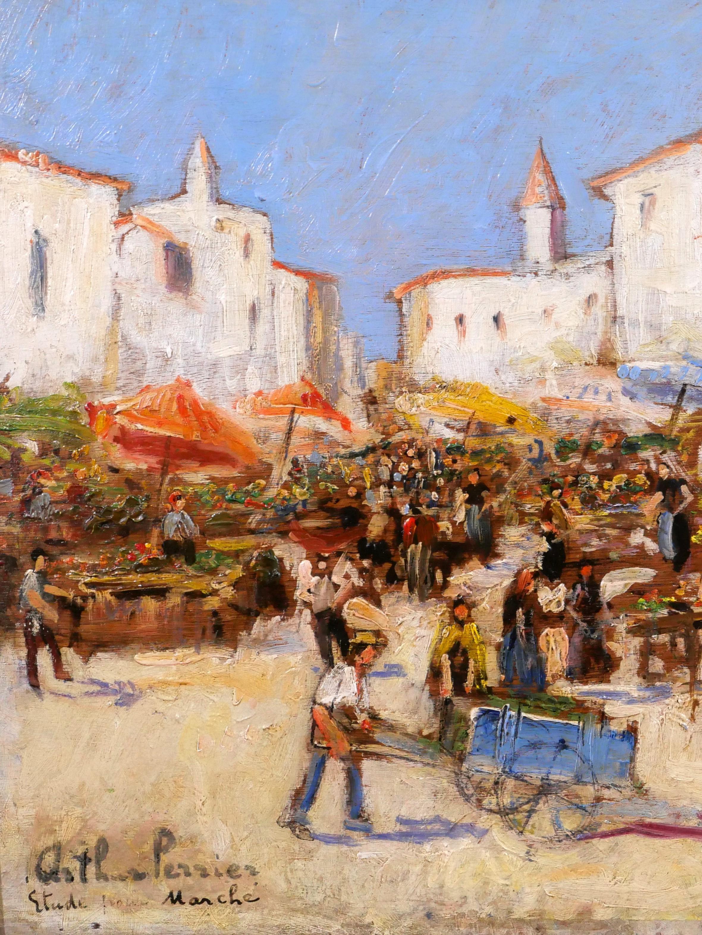 Landscape of market scene - Art Deco Painting by Arthur Perrier