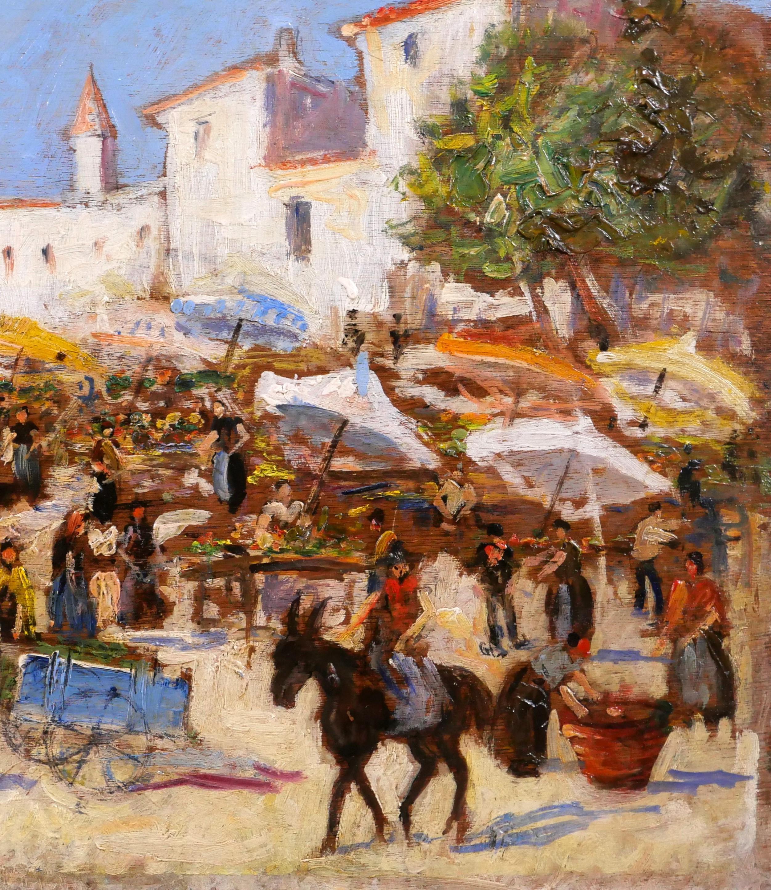 Landscape of market scene - Brown Figurative Painting by Arthur Perrier