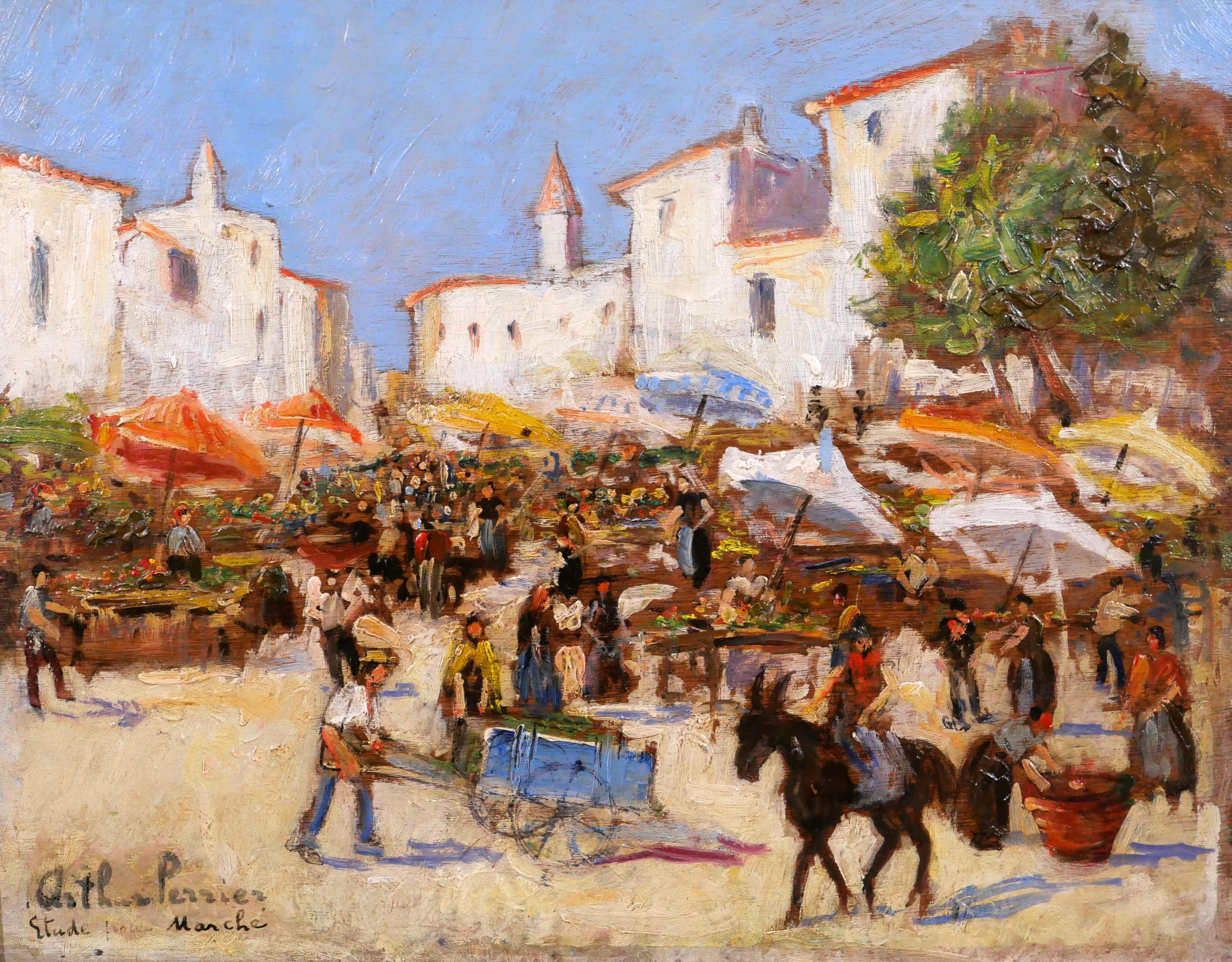 Arthur Perrier Figurative Painting - Landscape of market scene