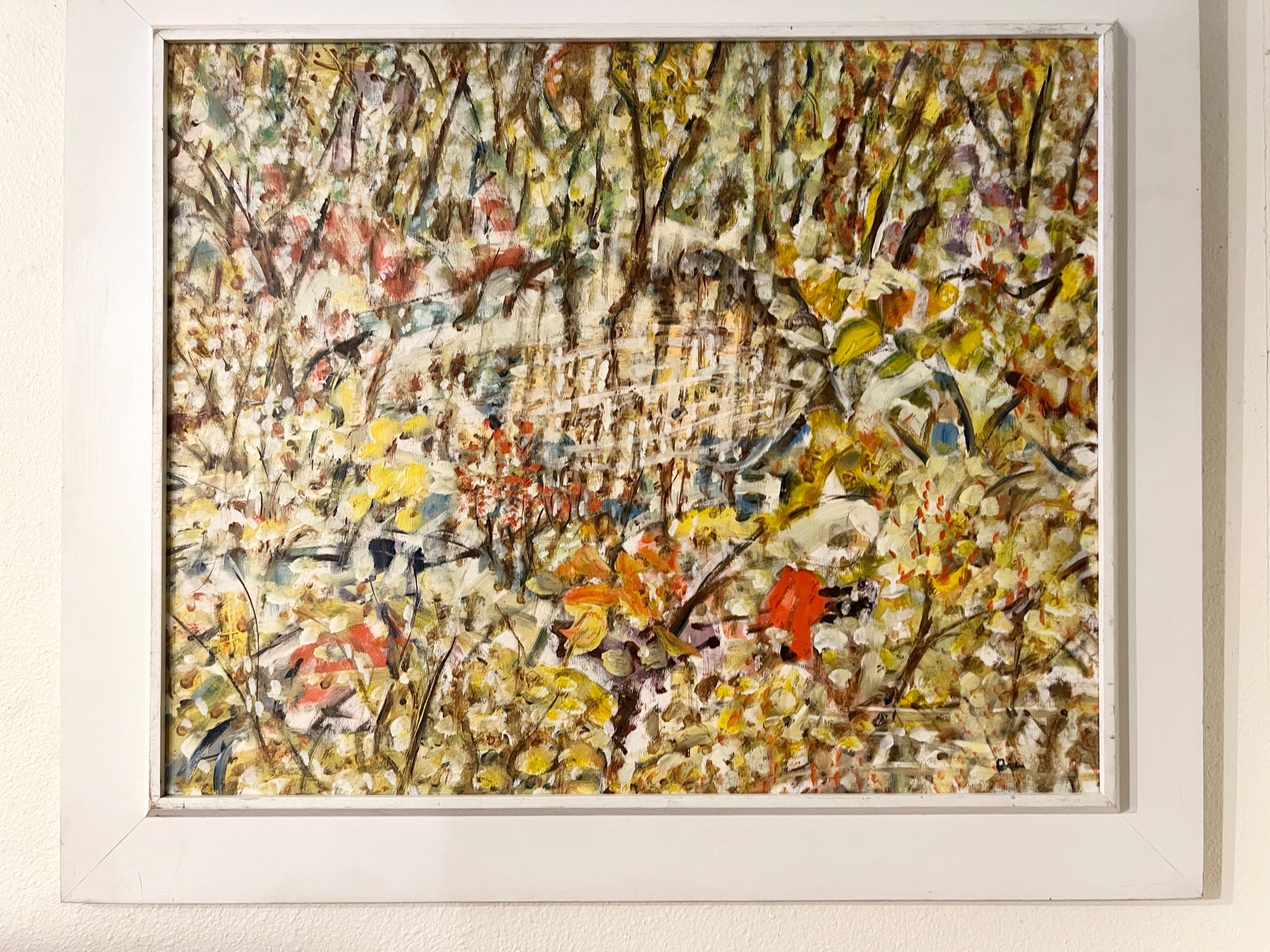 In Arthur Pinajian's mesmerizing 1986 oil painting, a lush symphony of nature unfolds on the canvas. The artist's distinctive brushstroke techniques breathe life into the scenery of a serene forest, located in the heart of Bellport, New York. The